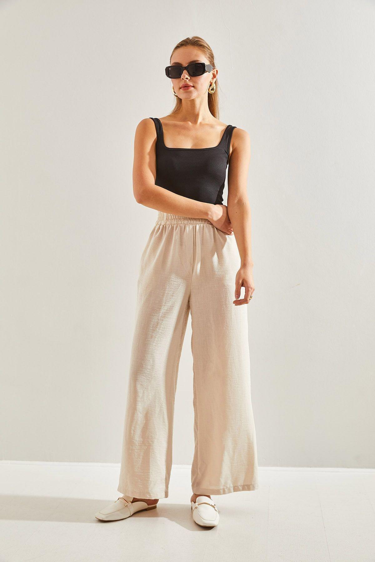 Beige Elastic Waist Trousers, , large image number 5
