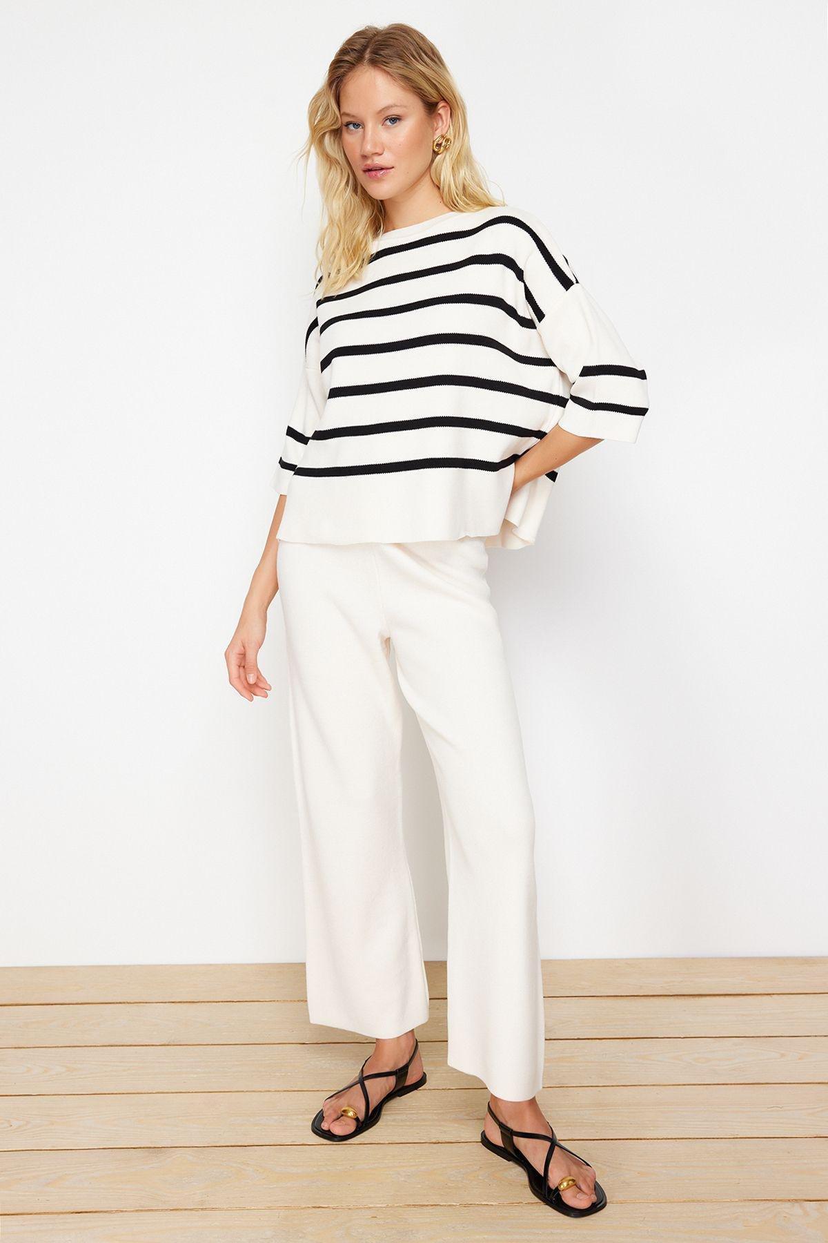 Ecru Striped T-Shirt Knitwear Co-Ord Set, , large image number 0