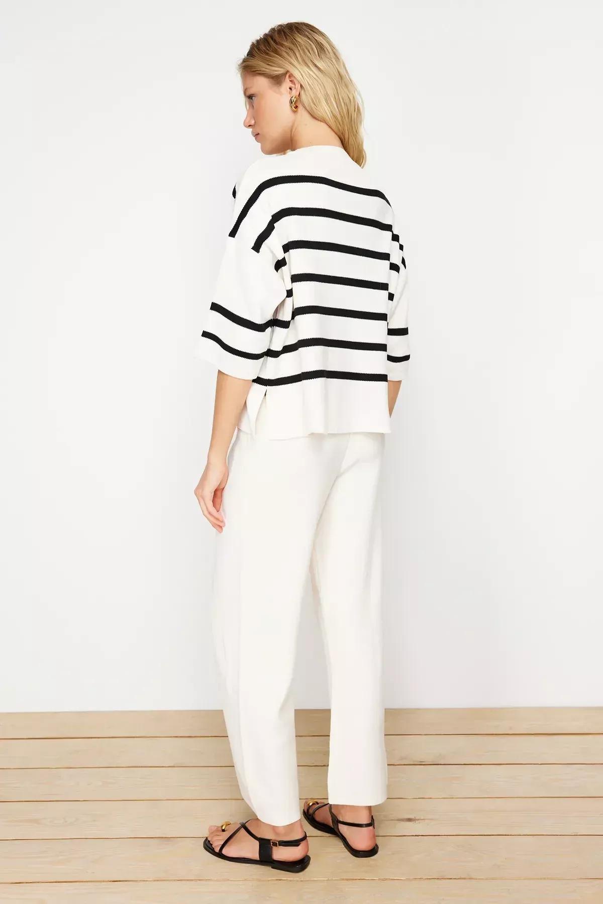 Ecru Striped T-Shirt Knitwear Co-Ord Set, Ecru, medium