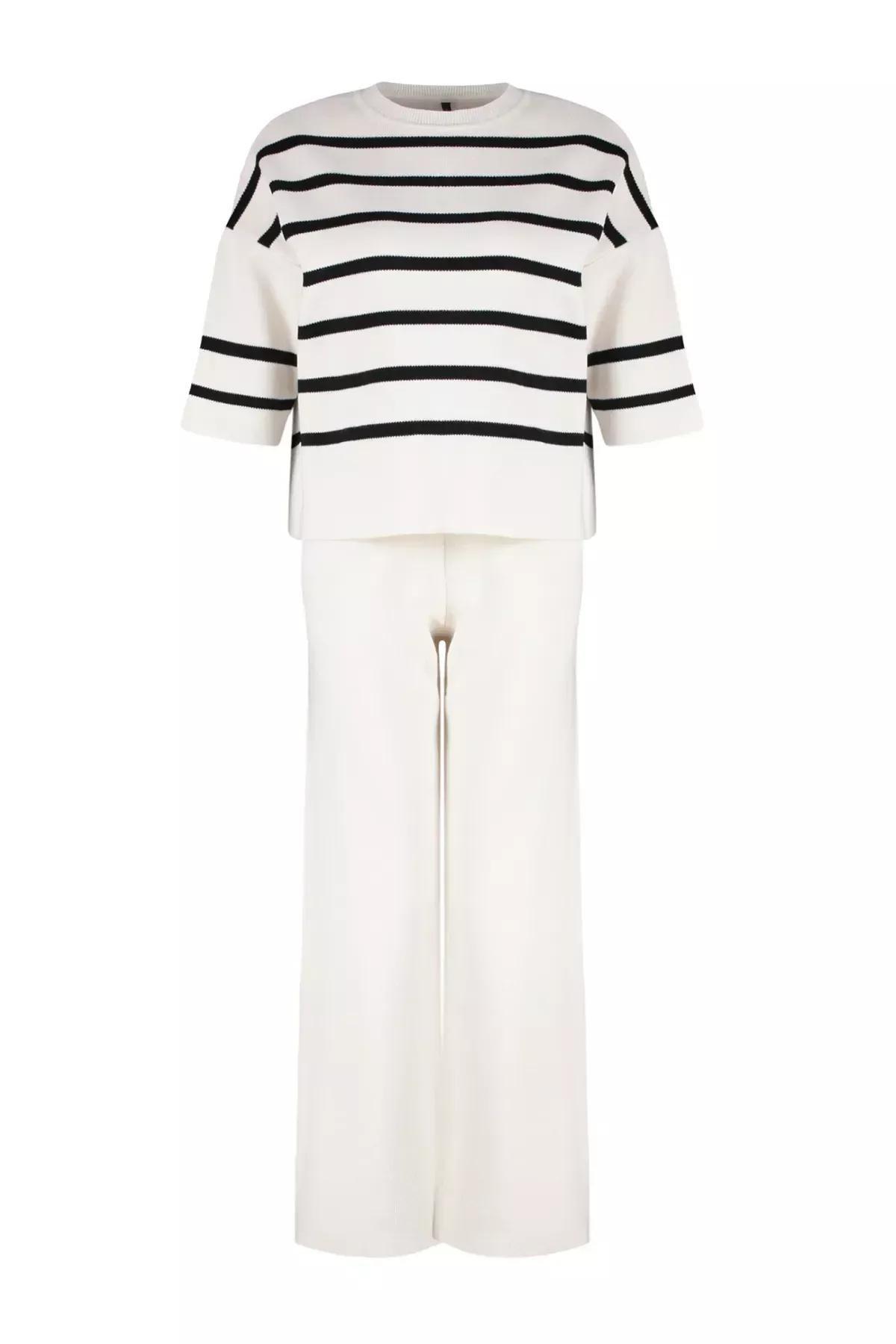 Ecru Striped T-Shirt Knitwear Co-Ord Set, Ecru, large image number 5