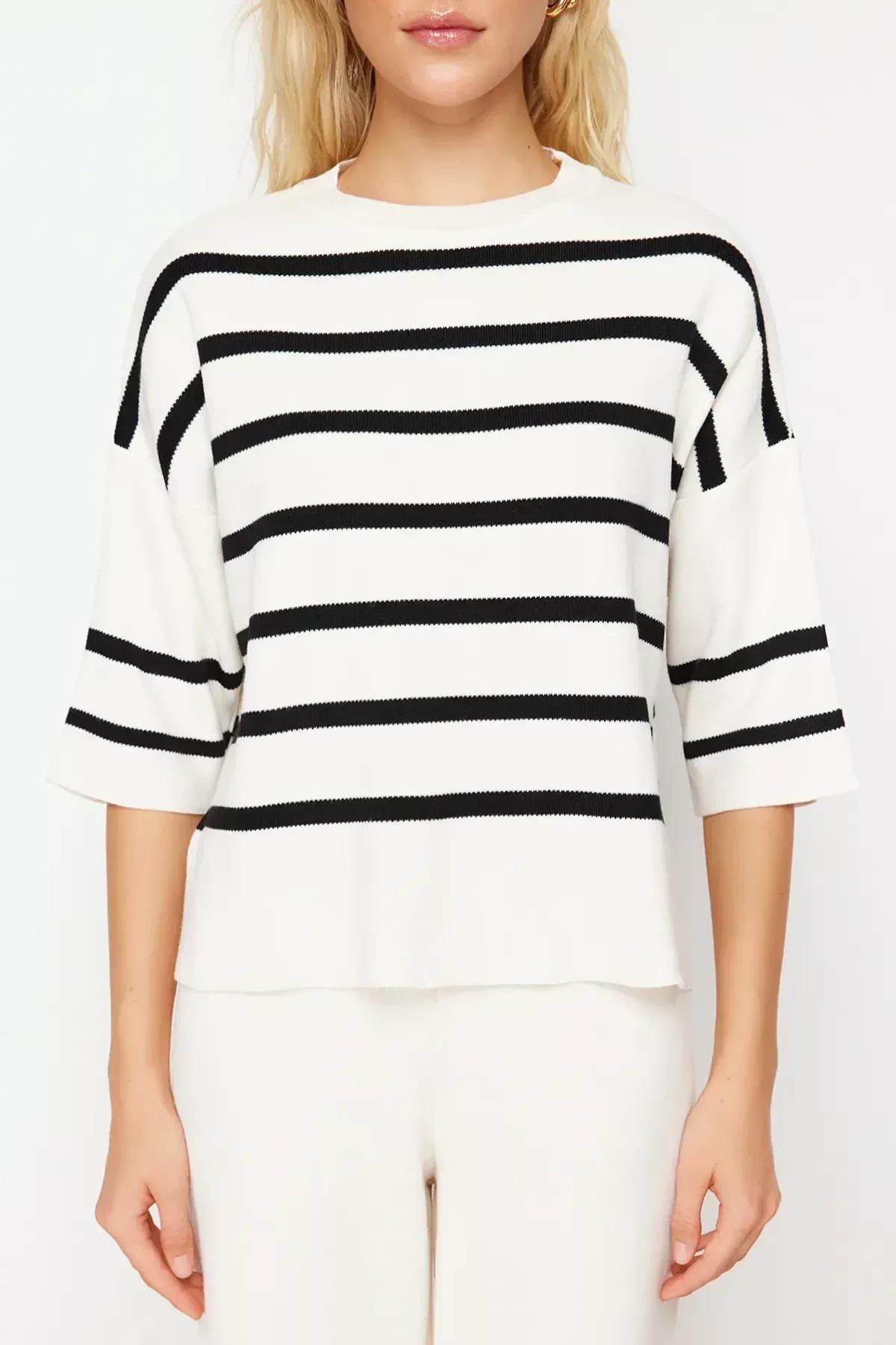 Ecru Striped T-Shirt Knitwear Co-Ord Set, Ecru, large image number 7