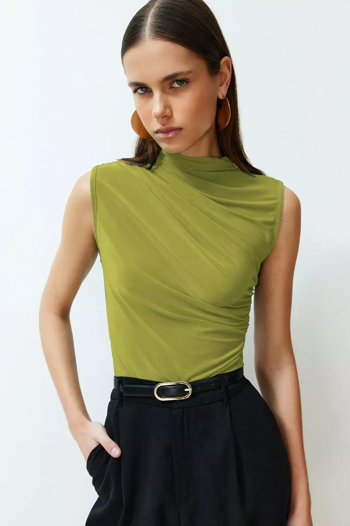 Apple Green Gathered Flexible Blouse, , large image number 1