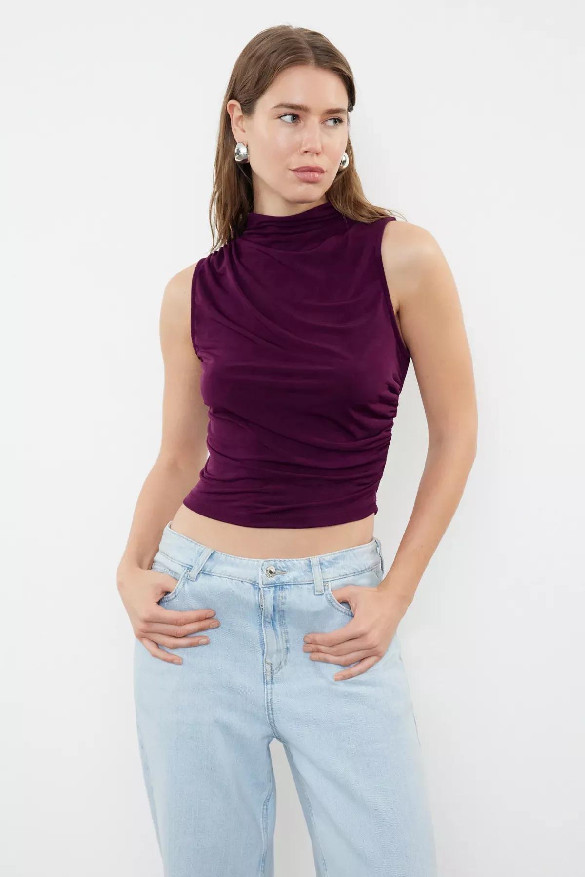 Purple Ruched Casual Blouse, Plum, large image number 0