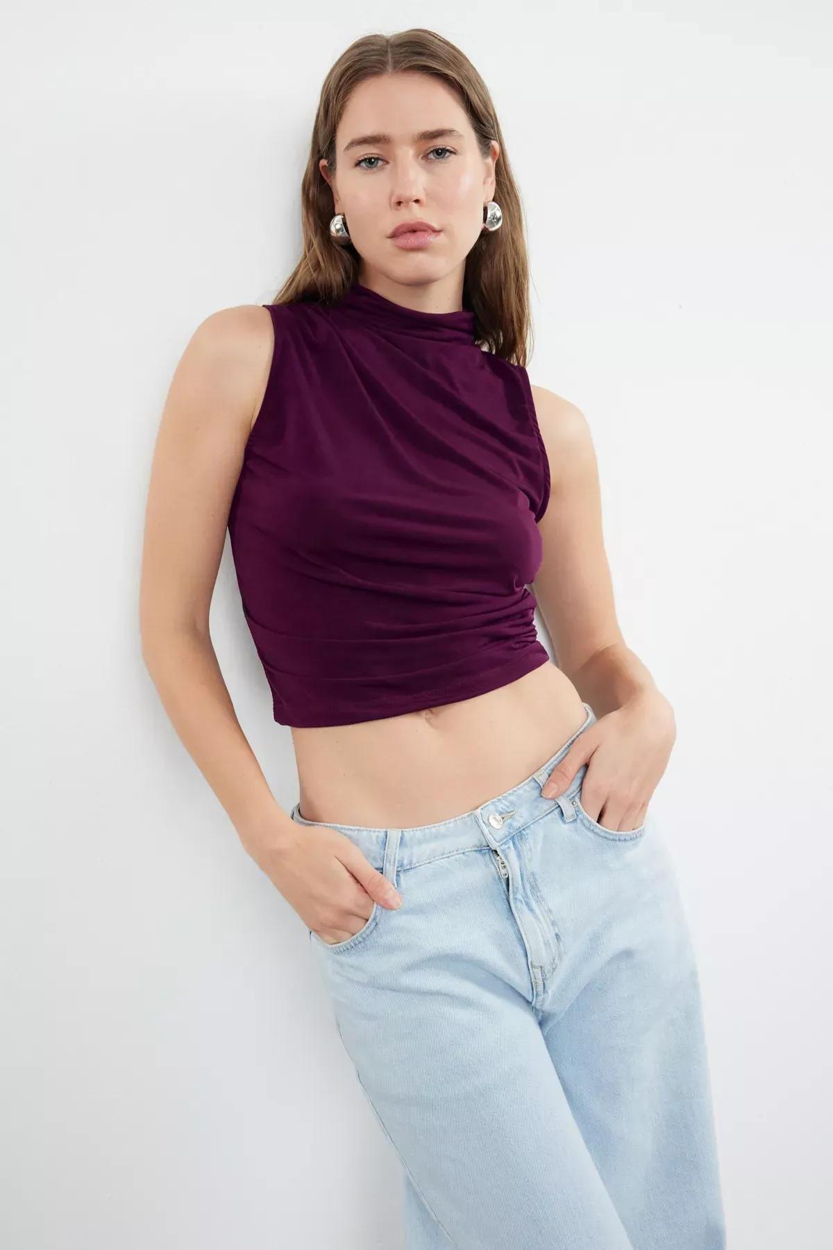 Purple Ruched Casual Blouse, Plum, large image number 1