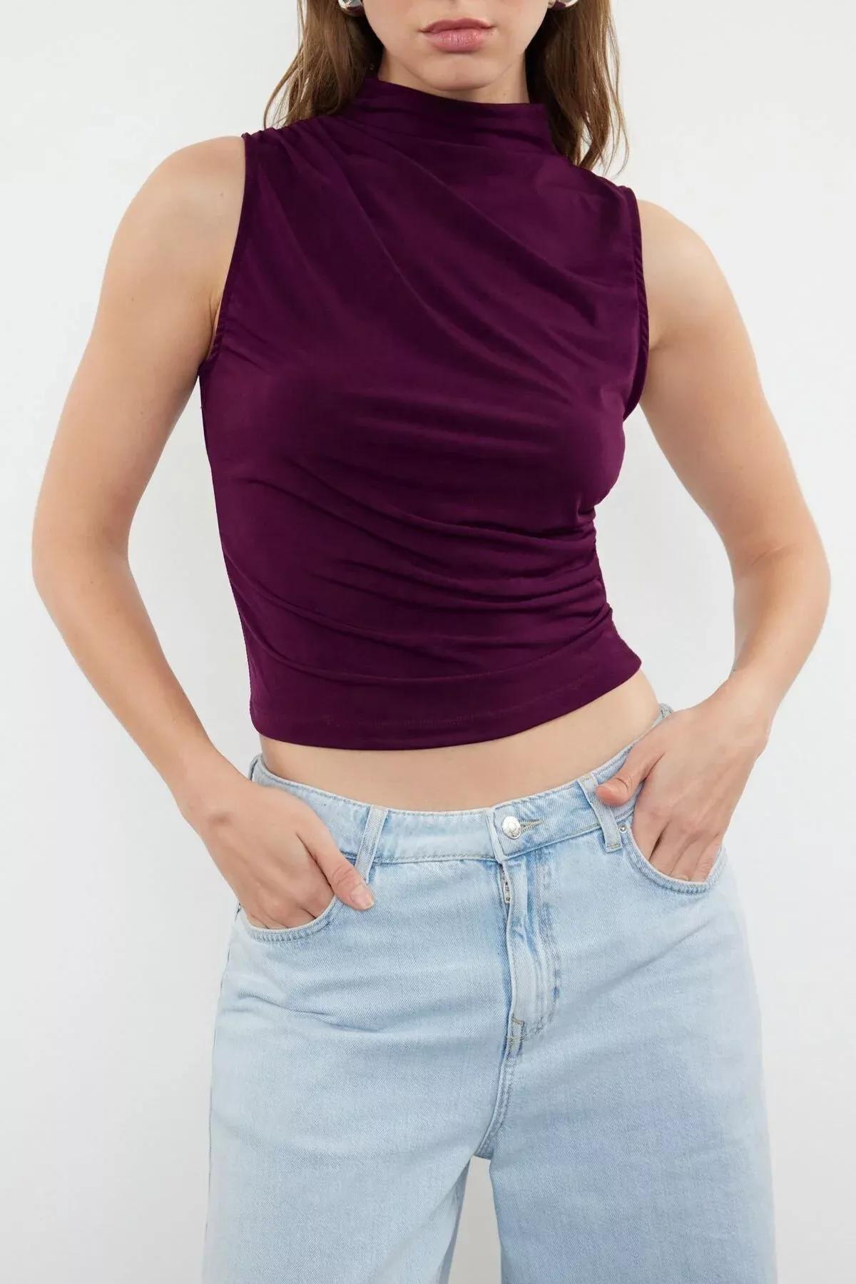 Purple Ruched Casual Blouse, Plum, large image number 2
