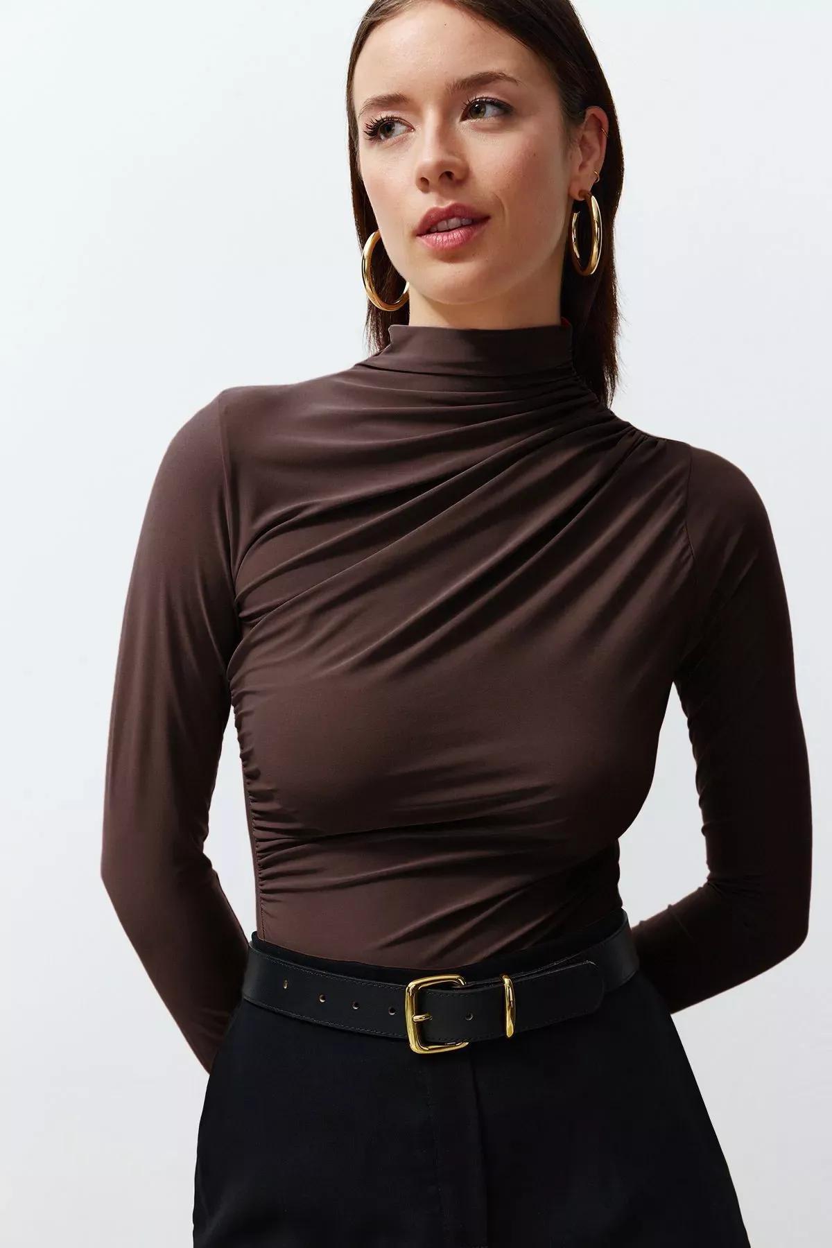 Brown Pleated Square Neck Blouse, Brown, large image number 0