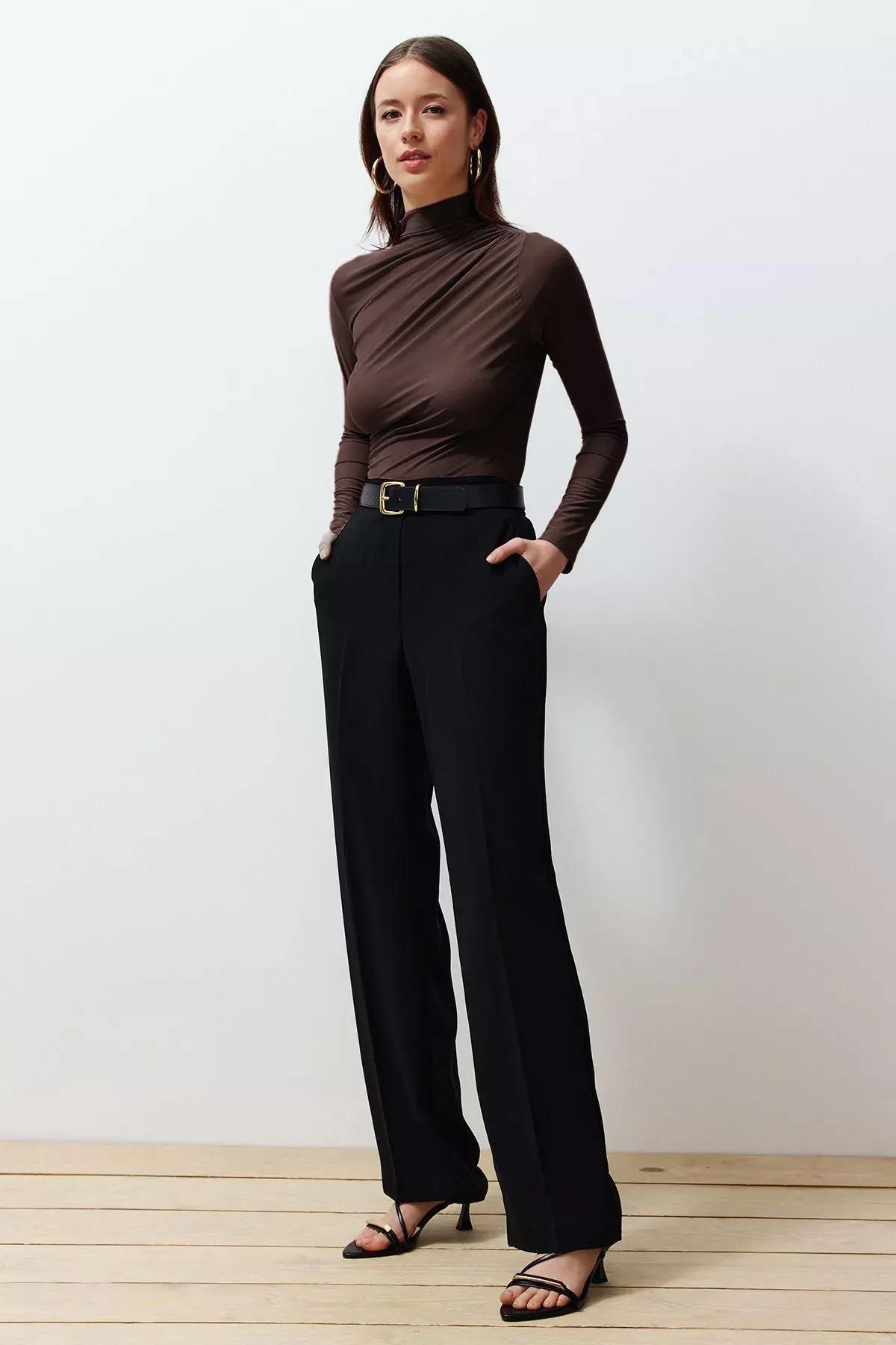 Brown Pleated Square Neck Blouse, Brown, large image number 1