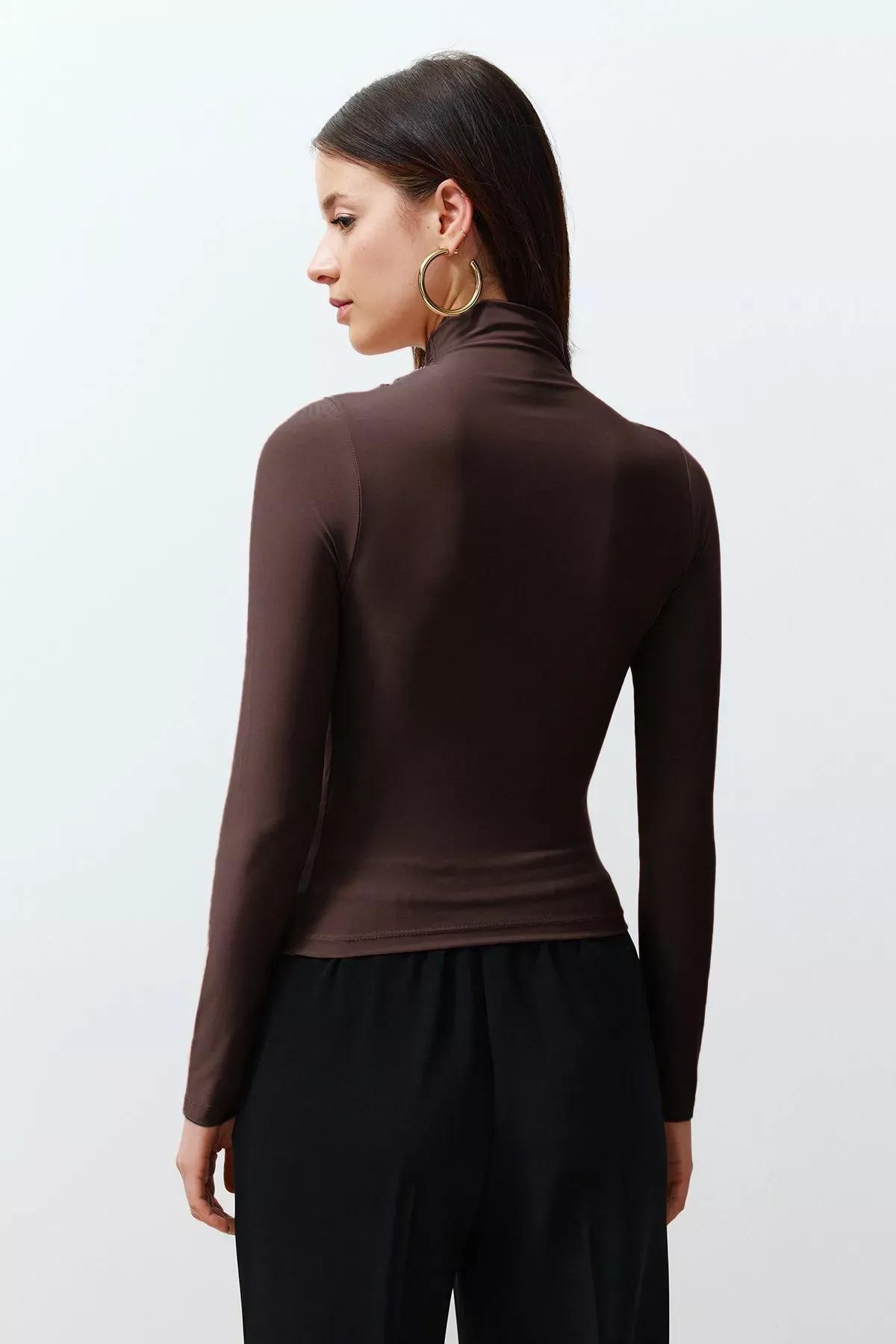 Brown Pleated Square Neck Blouse, Brown, medium