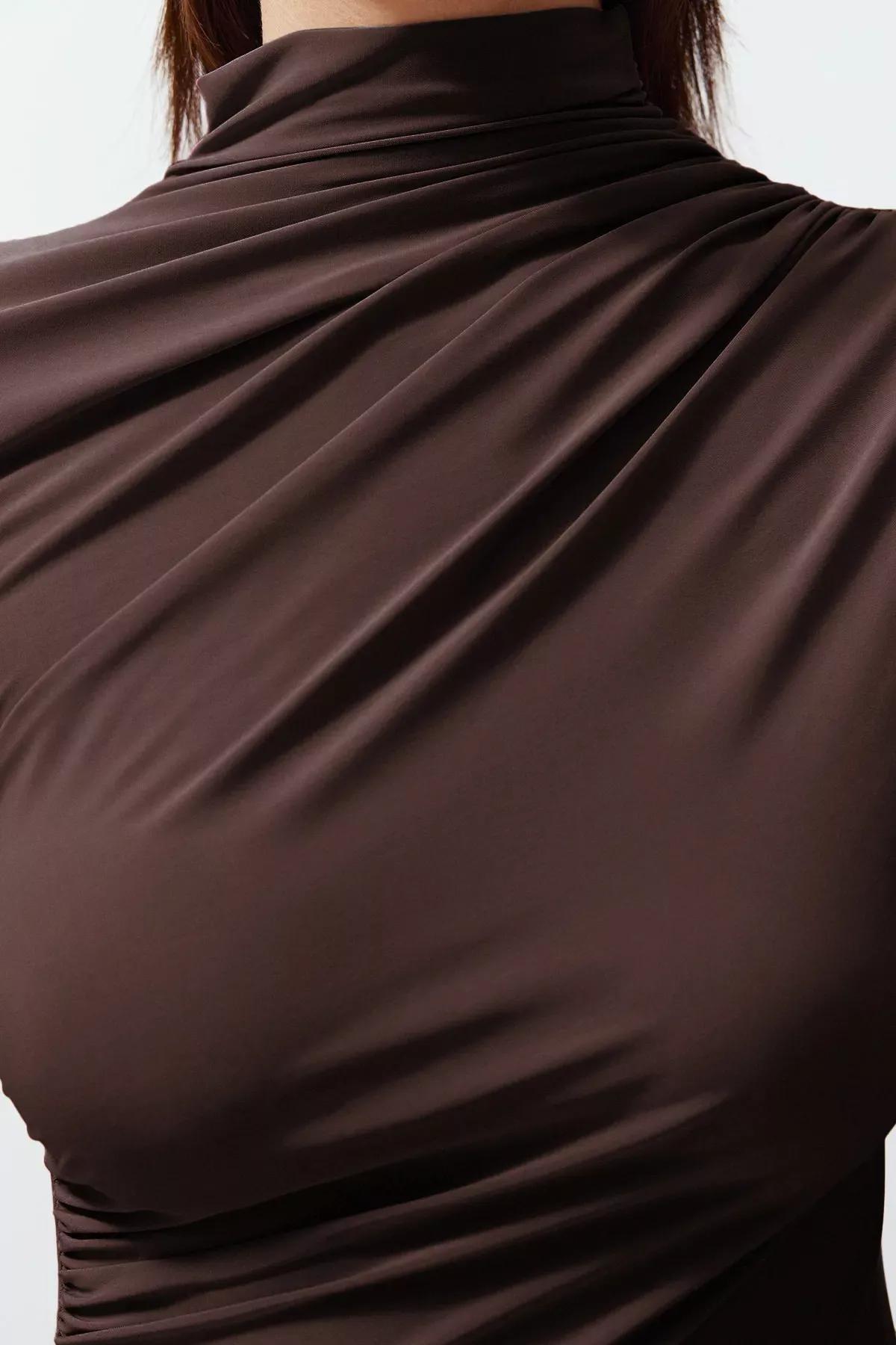 Brown Pleated Square Neck Blouse, Brown, large image number 4