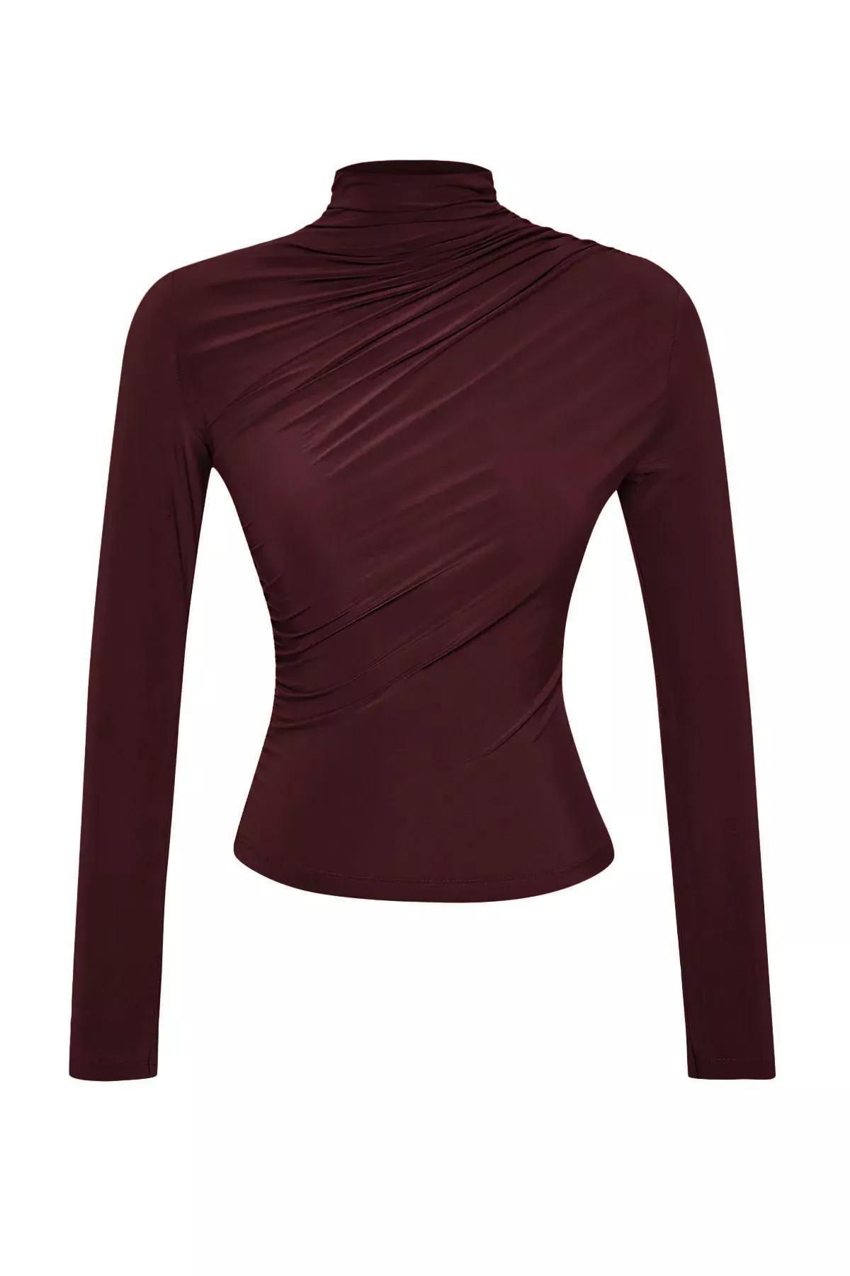 Brown Pleated Square Neck Blouse, Brown, large image number 6