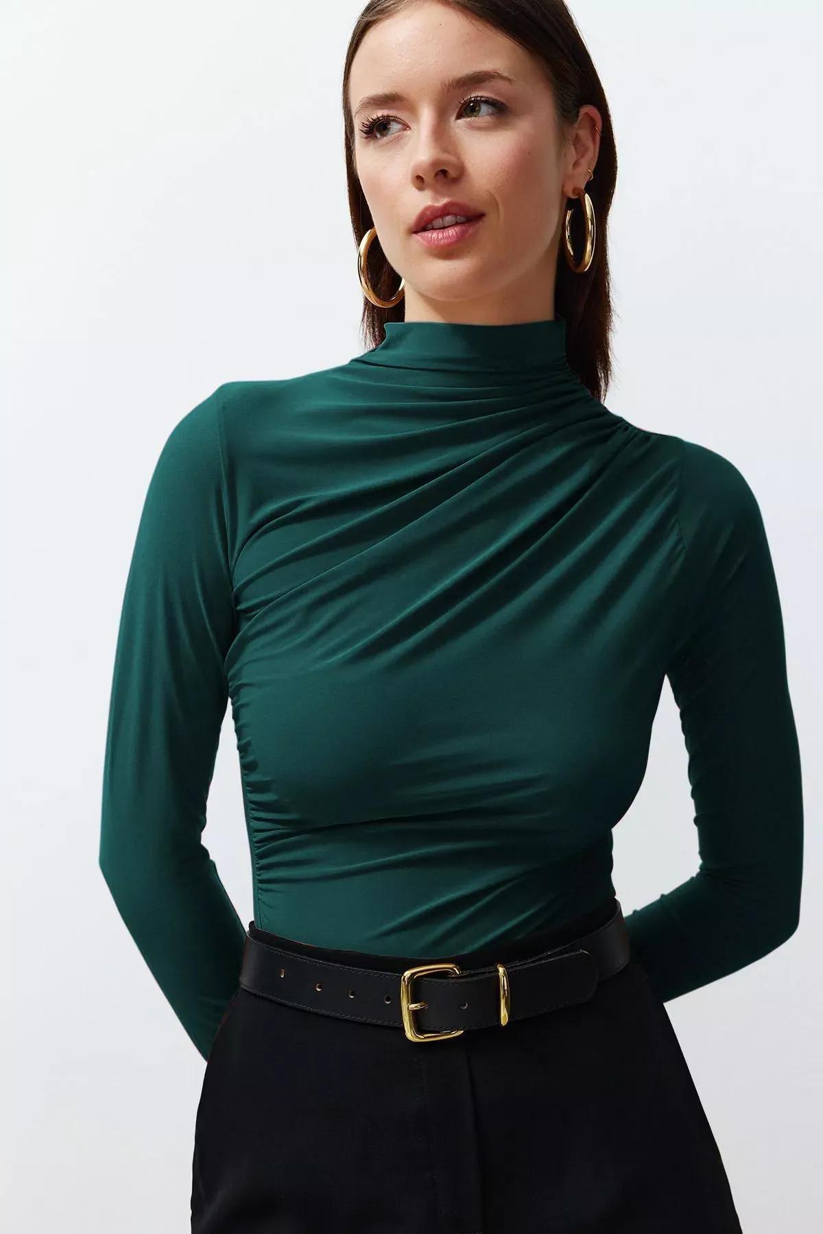 بلوزة بياقة بطيّات، أخضر, Emerald, large image number 0