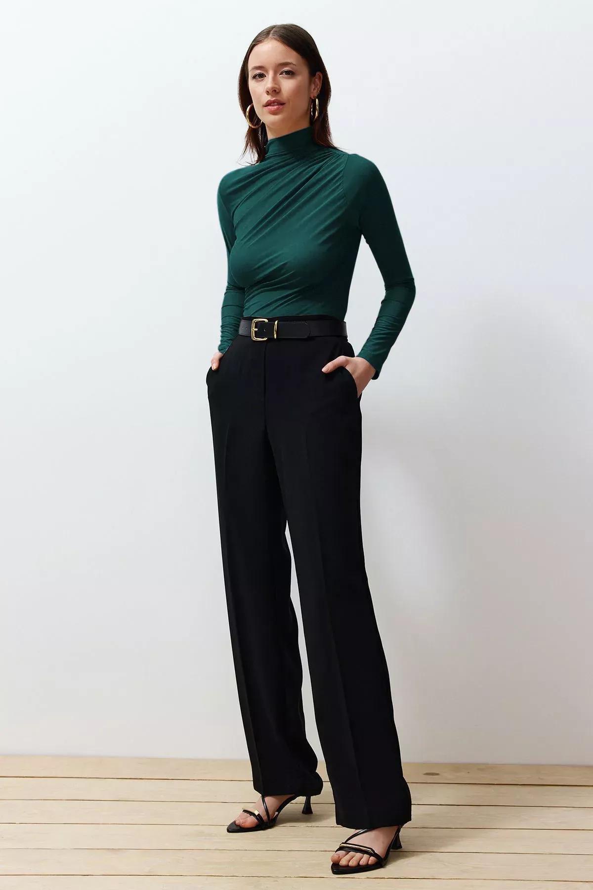 بلوزة بياقة بطيّات، أخضر, Emerald, large image number 1