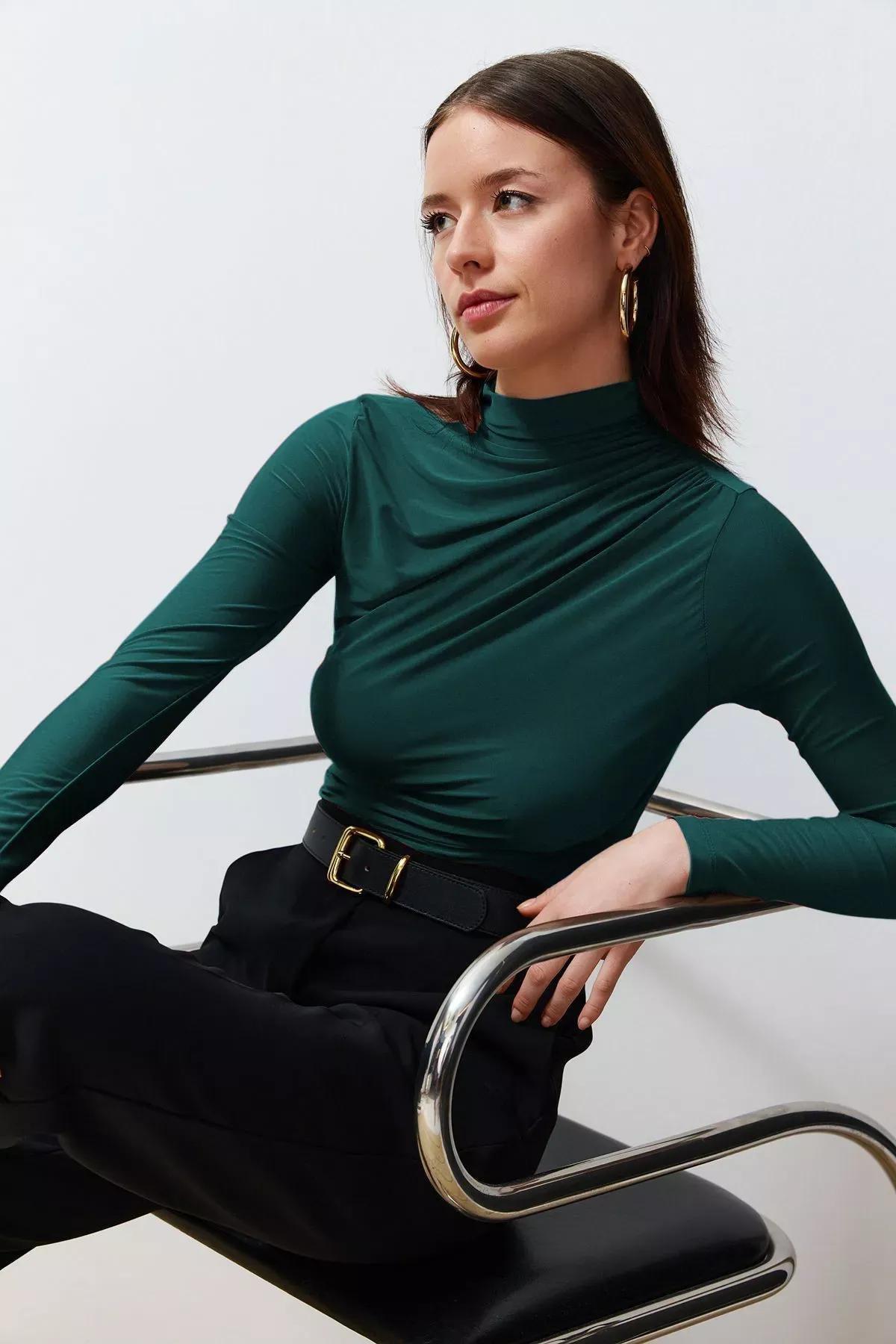 بلوزة بياقة بطيّات، أخضر, Emerald, large image number 2