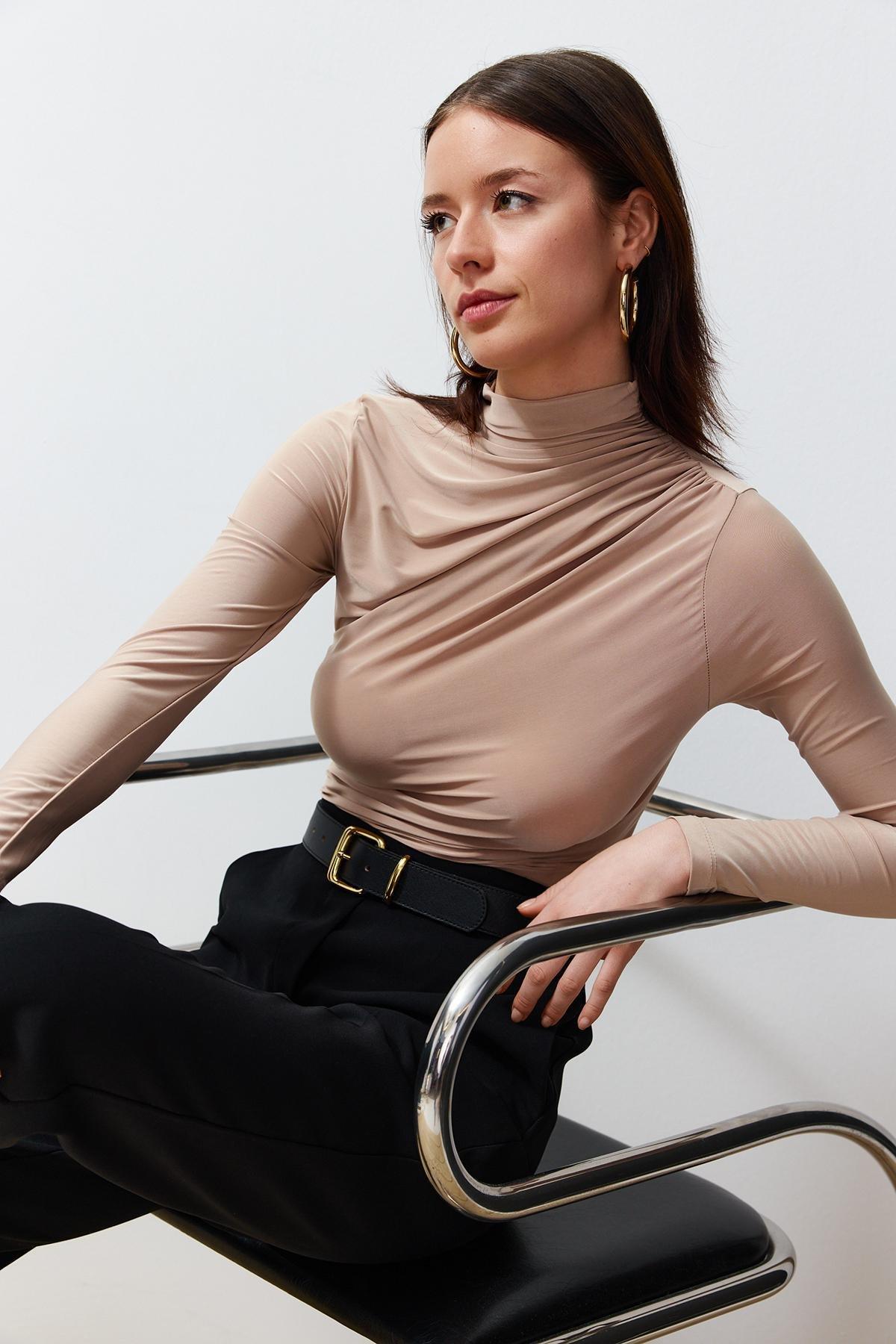 Beige Fitted Blouse, , large image number 2