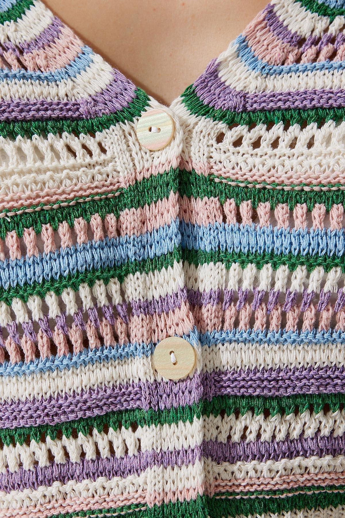 Multicolour Striped Knitwear Cardigan, Cream Lilac, large image number 3