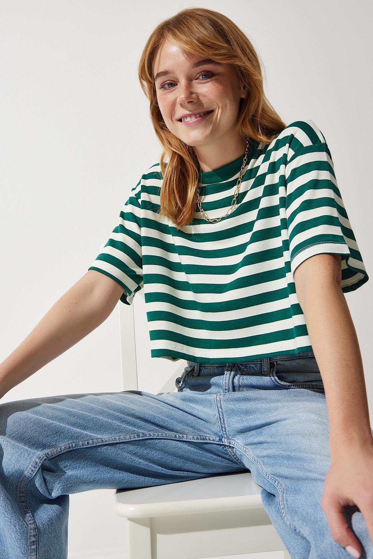 Womens Dark Green Crew Neck Striped Crop Knitted T-Shirt CR00427, single, Dark green, large image number 0