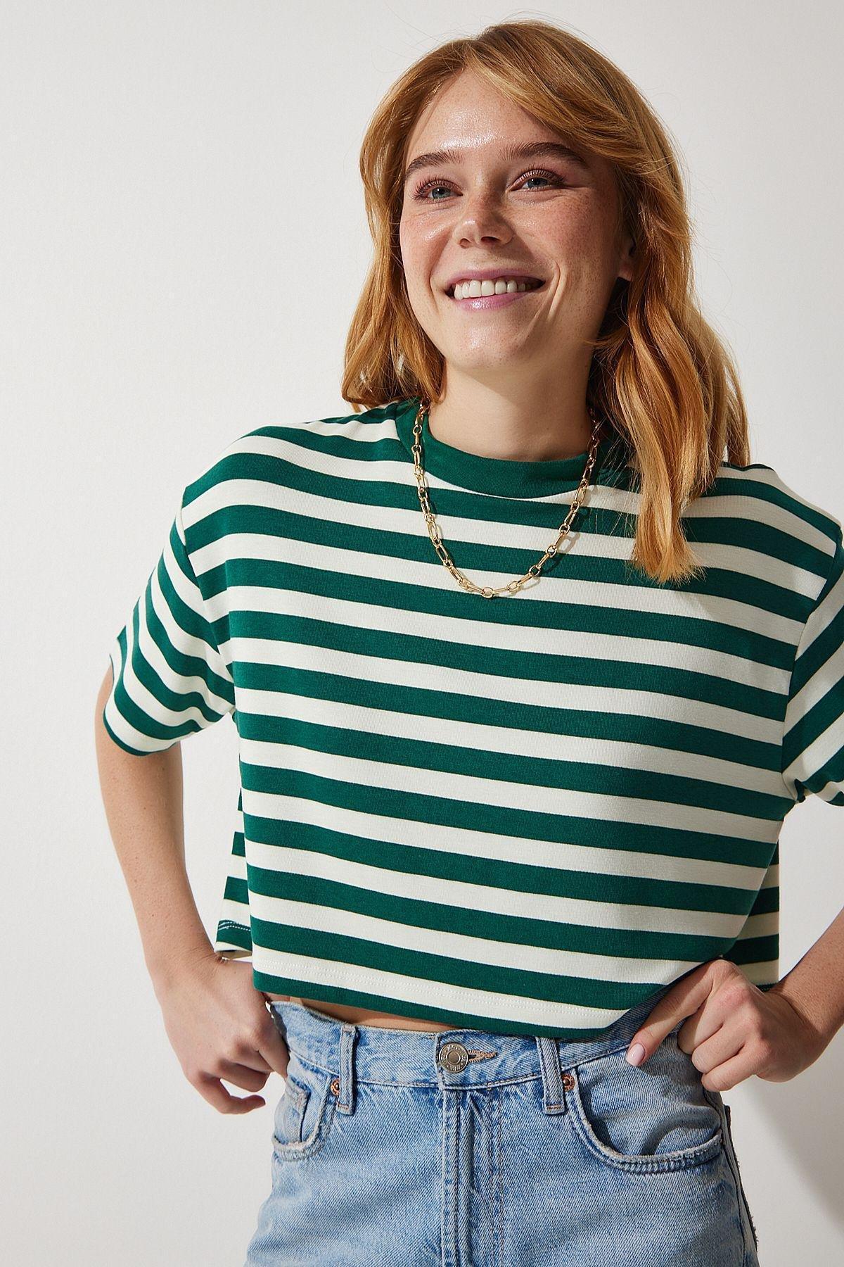 Womens Dark Green Crew Neck Striped Crop Knitted T-Shirt CR00427, single, Dark green, large image number 1