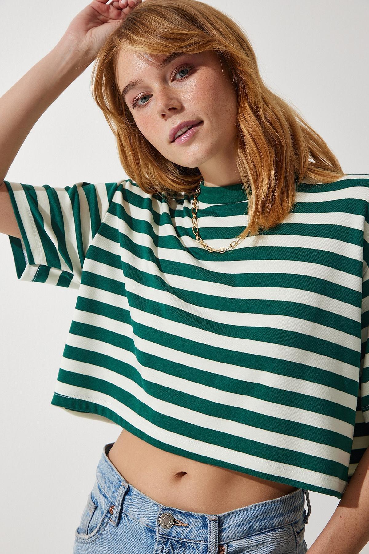 Womens Dark Green Crew Neck Striped Crop Knitted T-Shirt CR00427, single, Dark green, large image number 2
