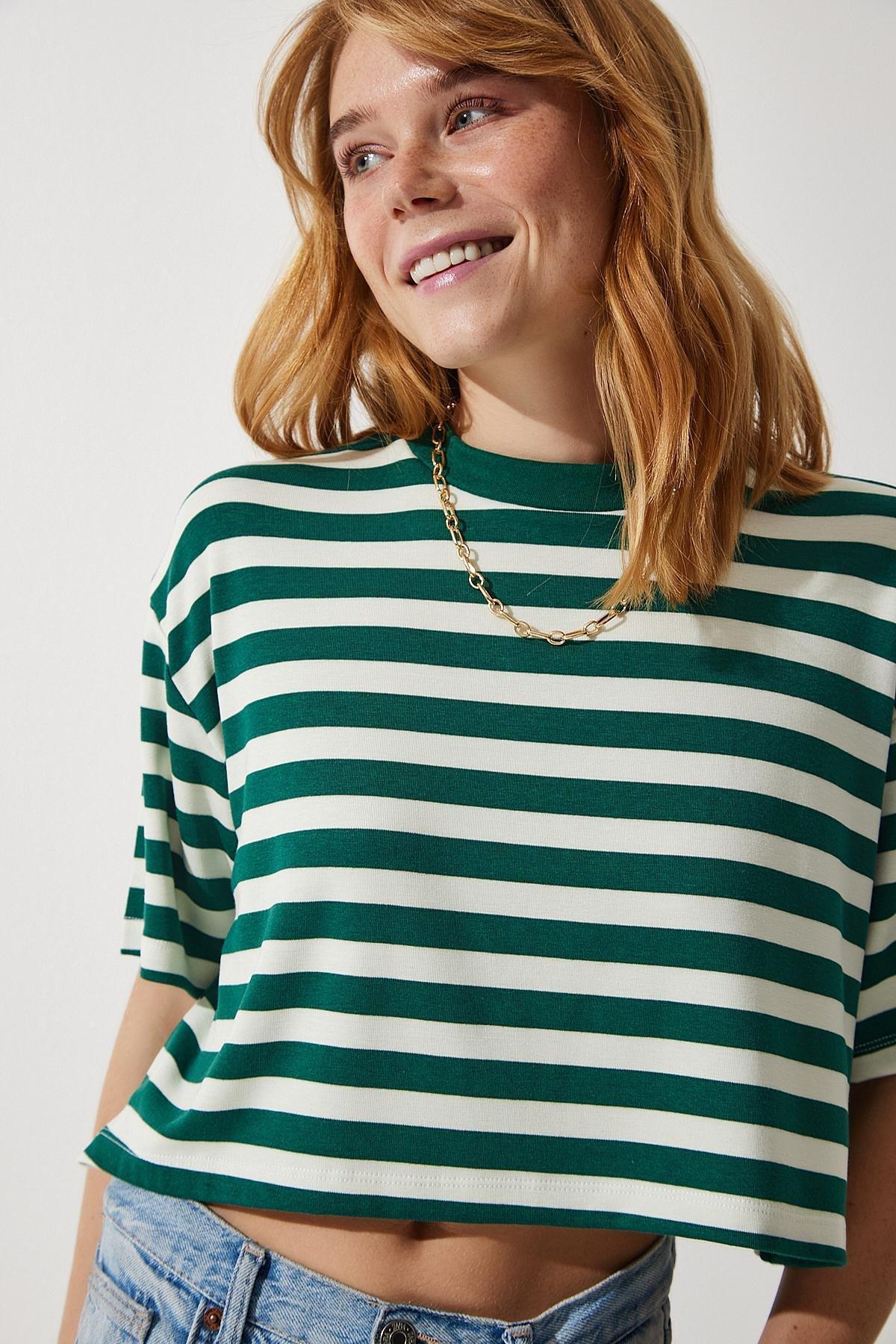 Womens Dark Green Crew Neck Striped Crop Knitted T-Shirt CR00427, single, Dark green, large image number 3