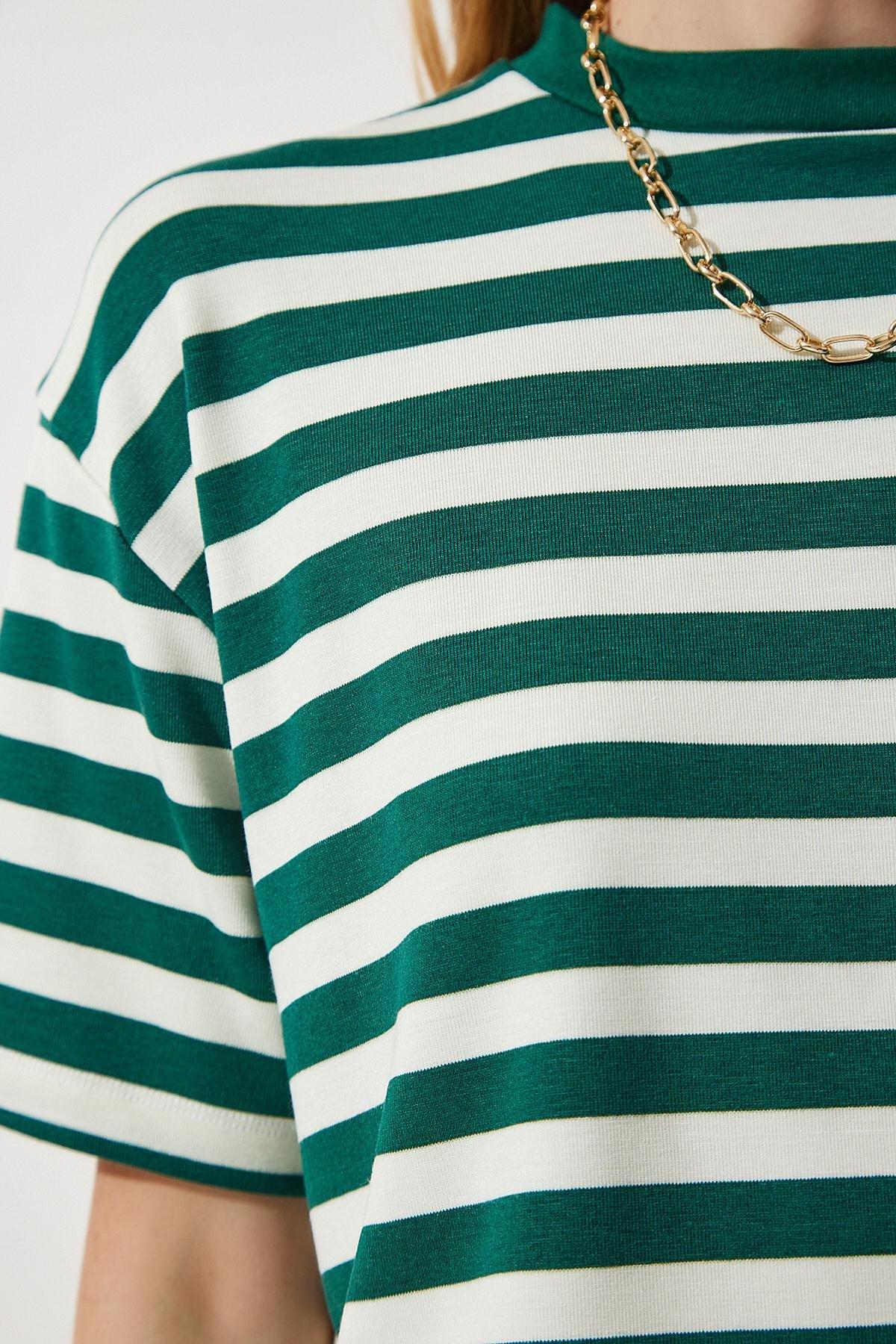 Womens Dark Green Crew Neck Striped Crop Knitted T-Shirt CR00427, single, Dark green, large image number 4