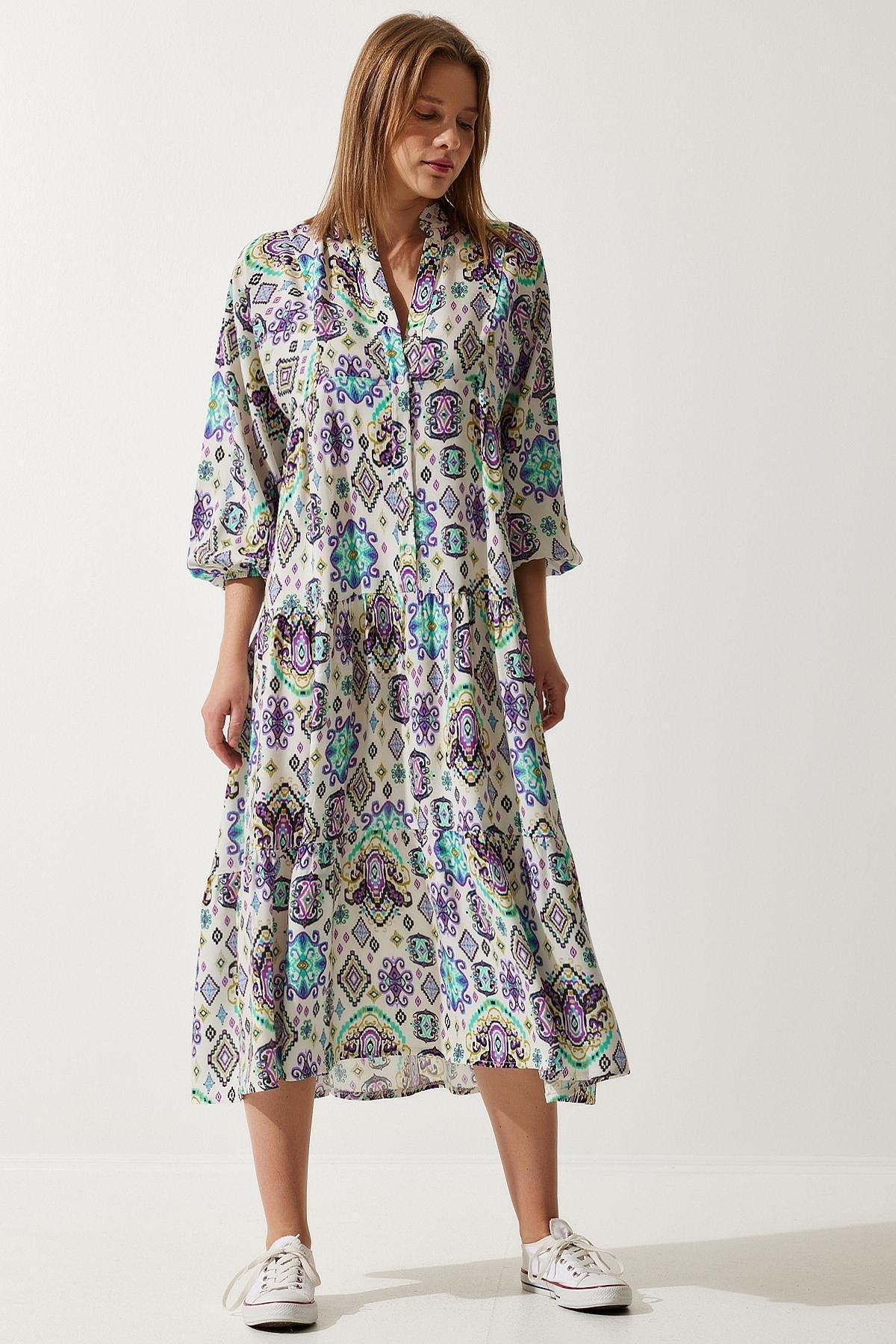 Multicolor Patterned Buttoned Summer Dress, C101_5041, medium