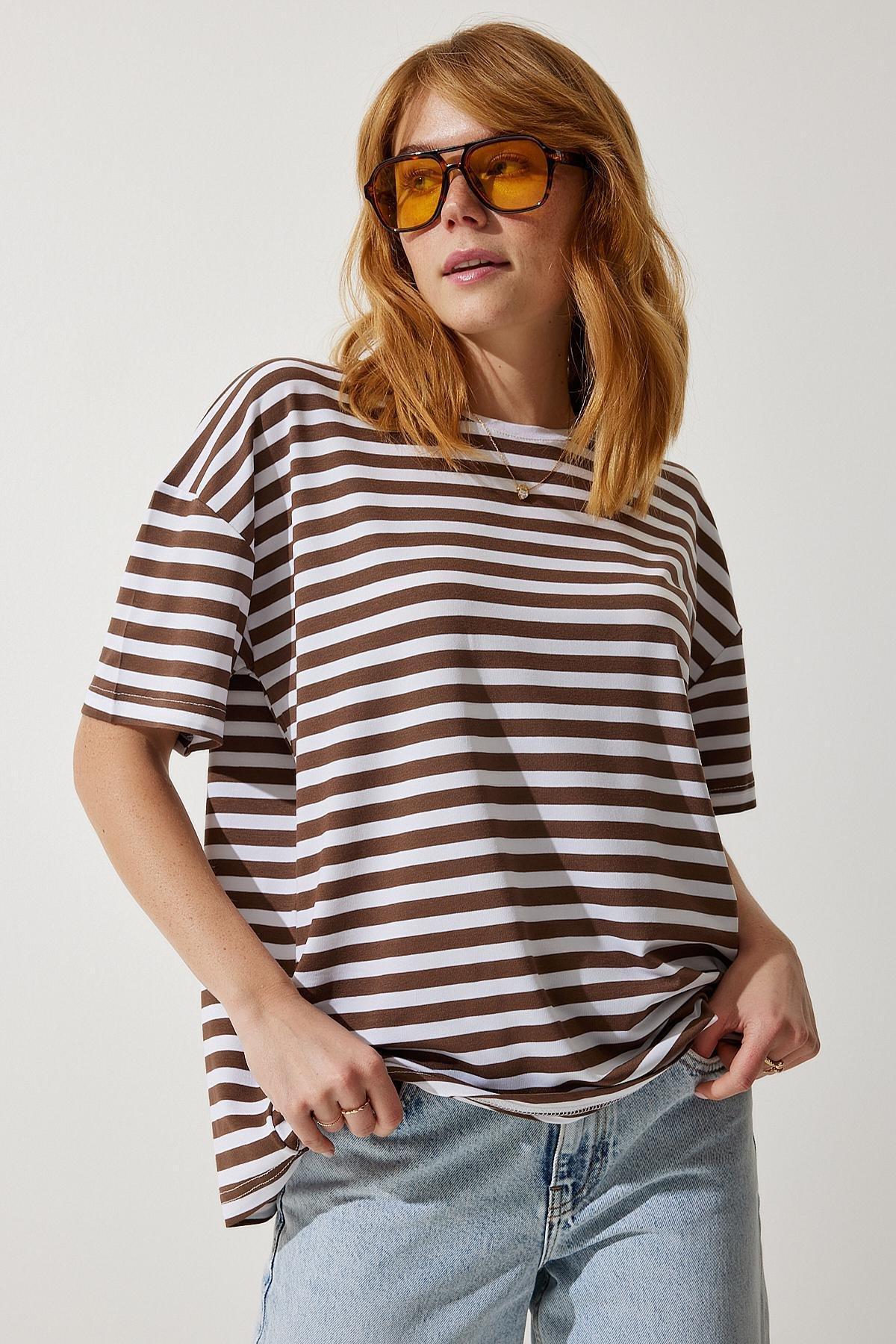 Brown Crew Neck Striped Oversize Knitted T-Shirt, , large image number 2