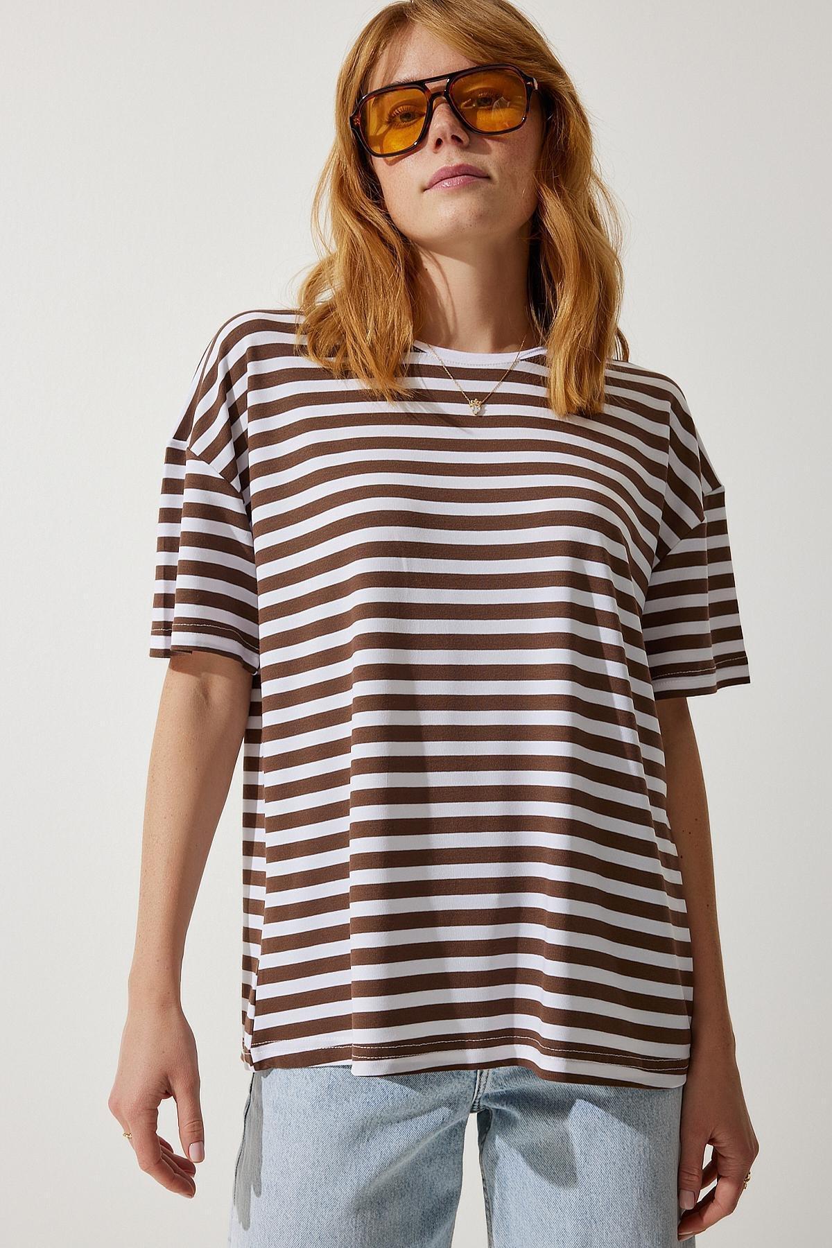 Brown Crew Neck Striped Oversize Knitted T-Shirt, , large image number 3