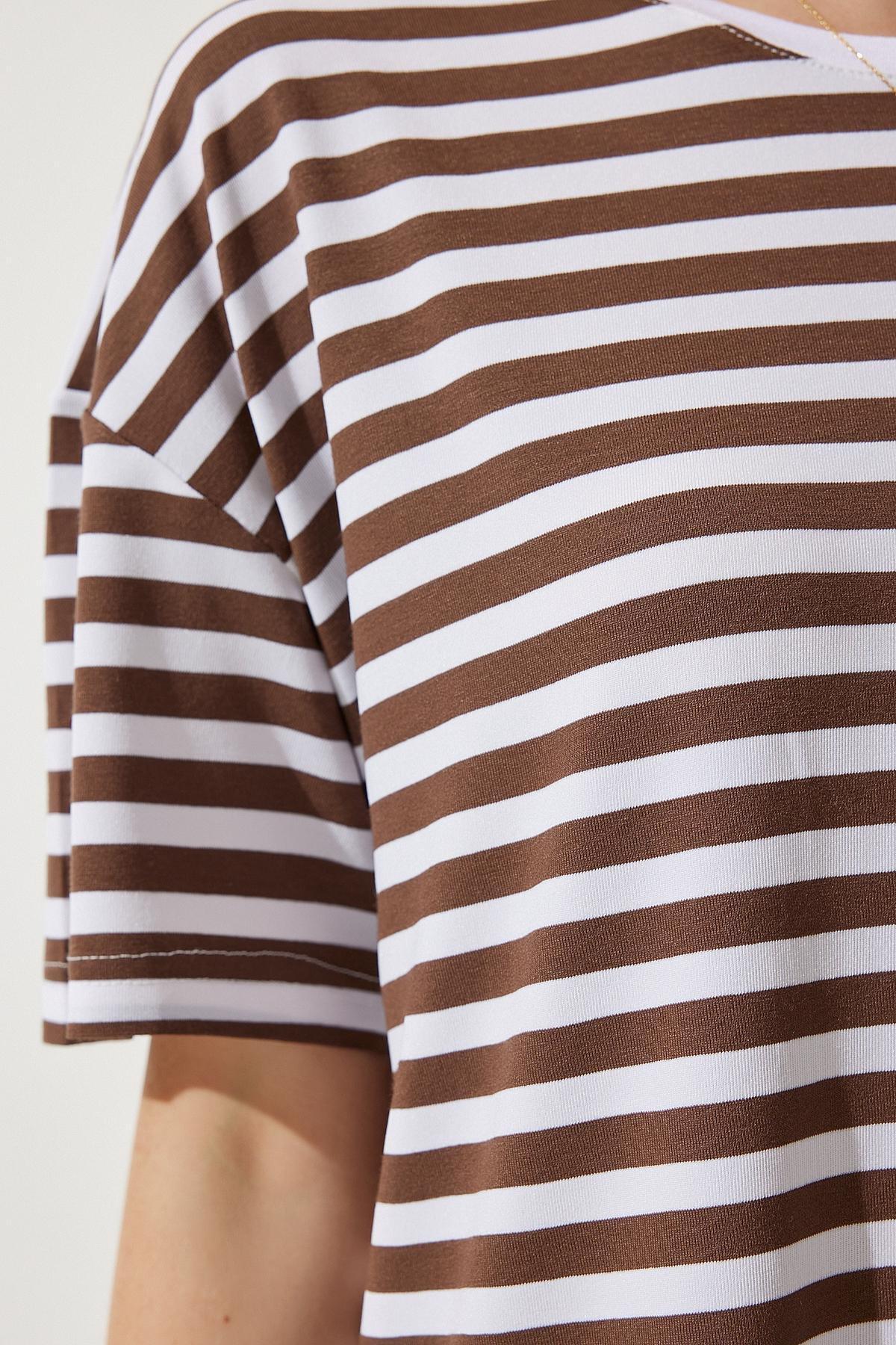 Brown Crew Neck Striped Oversize Knitted T-Shirt, , large image number 4