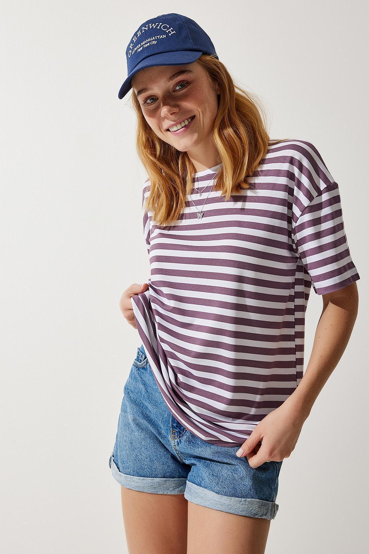 Womens Lilac Crew Neck Striped Oversize Knitted T-Shirt EN00609, single, , large image number 0