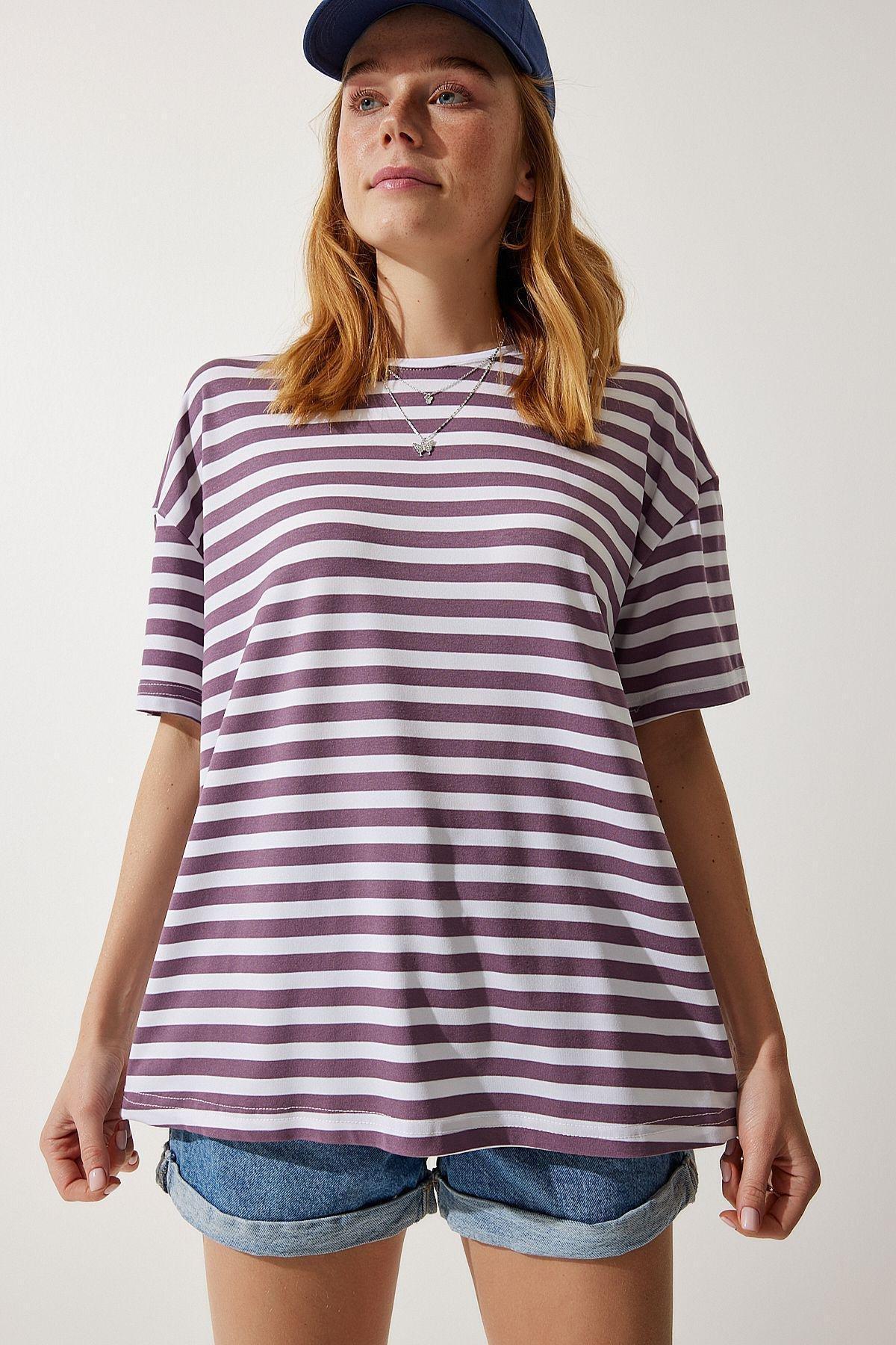 Womens Lilac Crew Neck Striped Oversize Knitted T-Shirt EN00609, single, , large image number 1