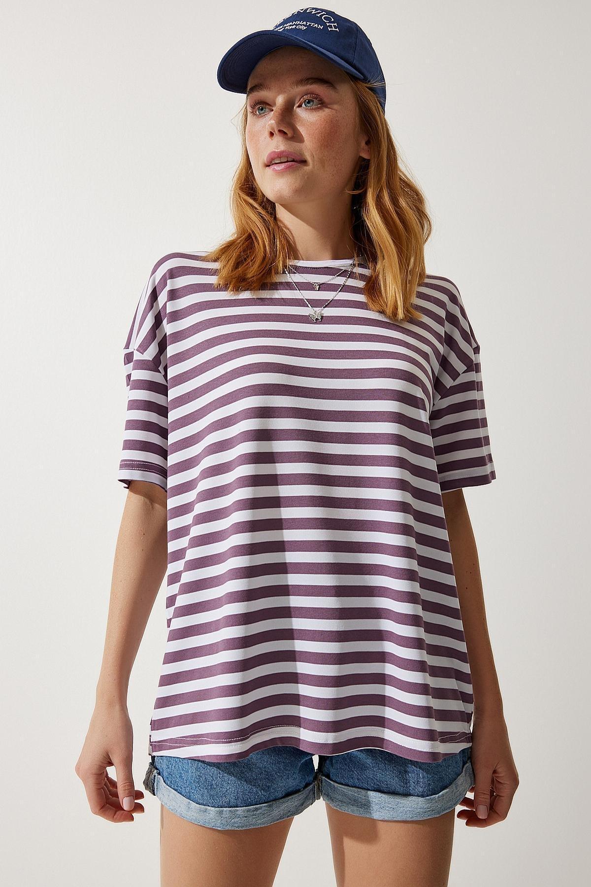 Womens Lilac Crew Neck Striped Oversize Knitted T-Shirt EN00609, single, , large image number 2