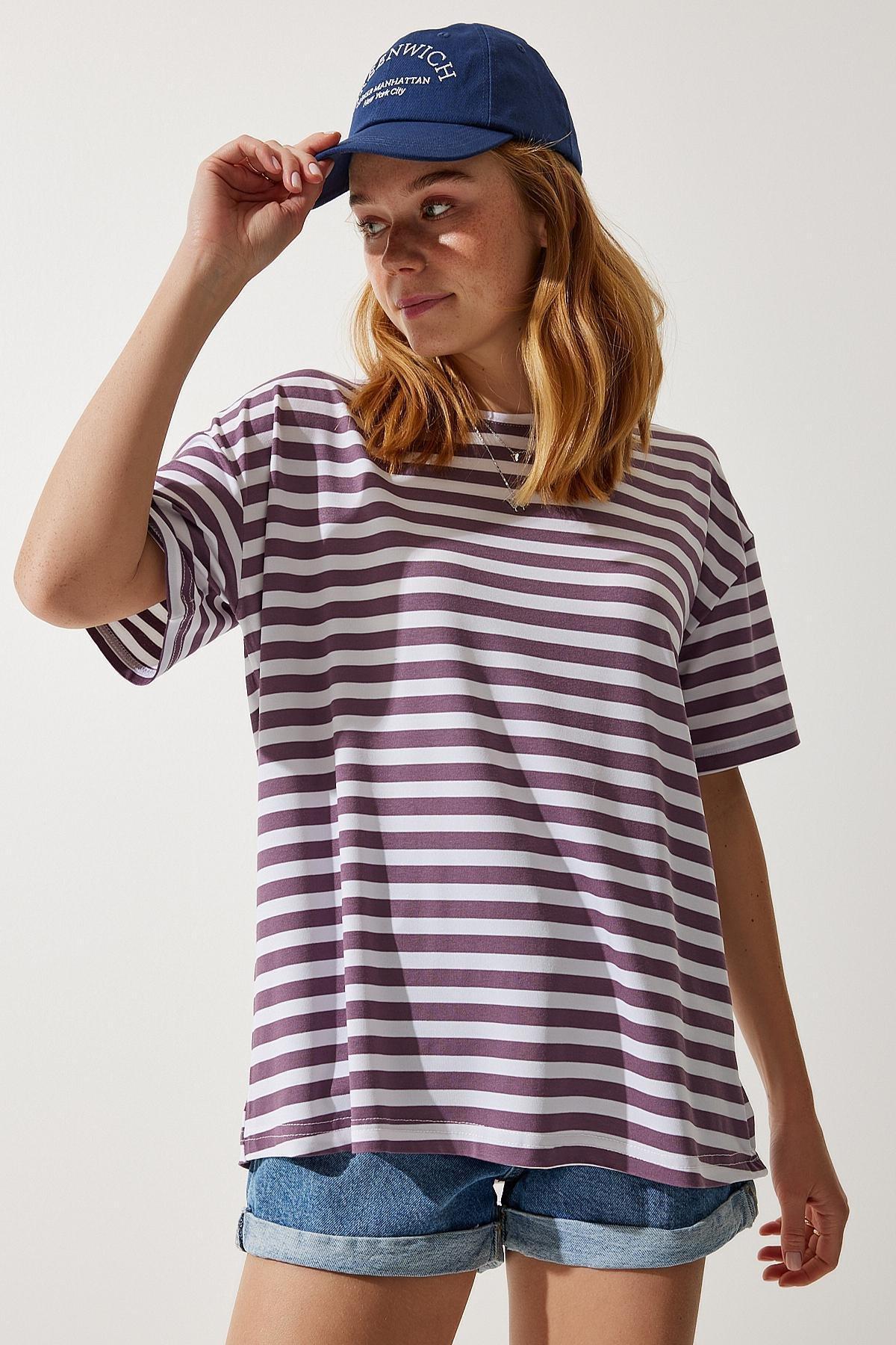 Womens Lilac Crew Neck Striped Oversize Knitted T-Shirt EN00609, single, , large image number 3