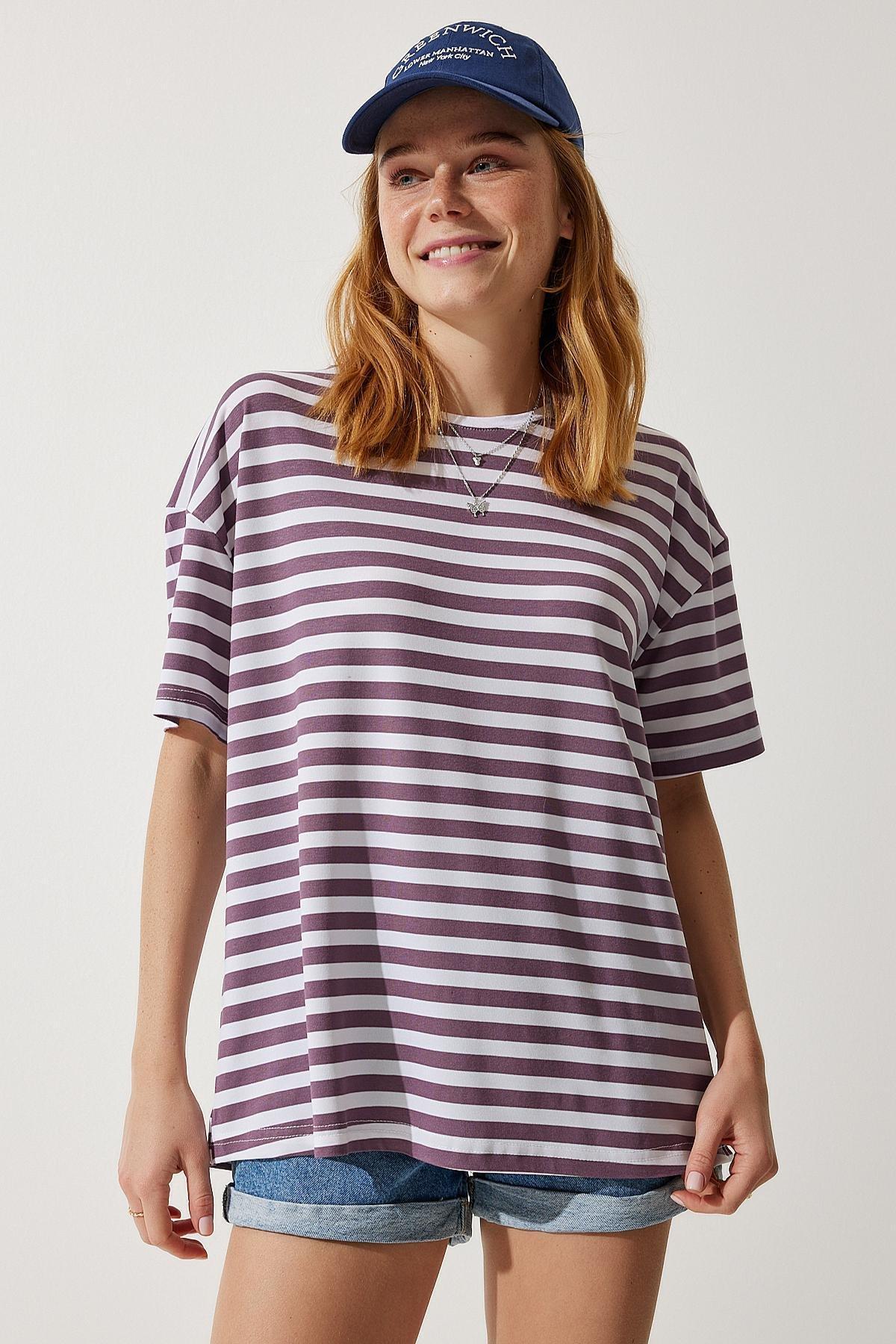 Womens Lilac Crew Neck Striped Oversize Knitted T-Shirt EN00609, single, , large image number 4