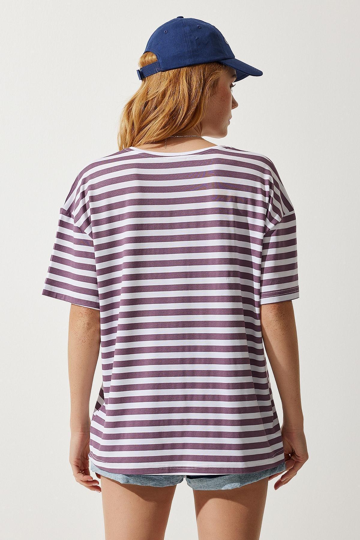 Womens Lilac Crew Neck Striped Oversize Knitted T-Shirt EN00609, single, , large image number 5