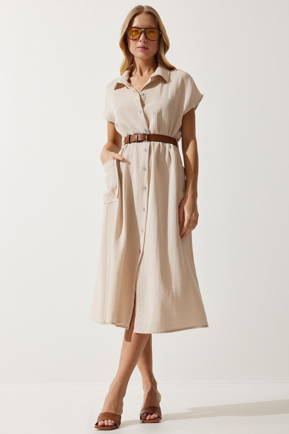 Cream Belted Woven Dress, , large image number 0