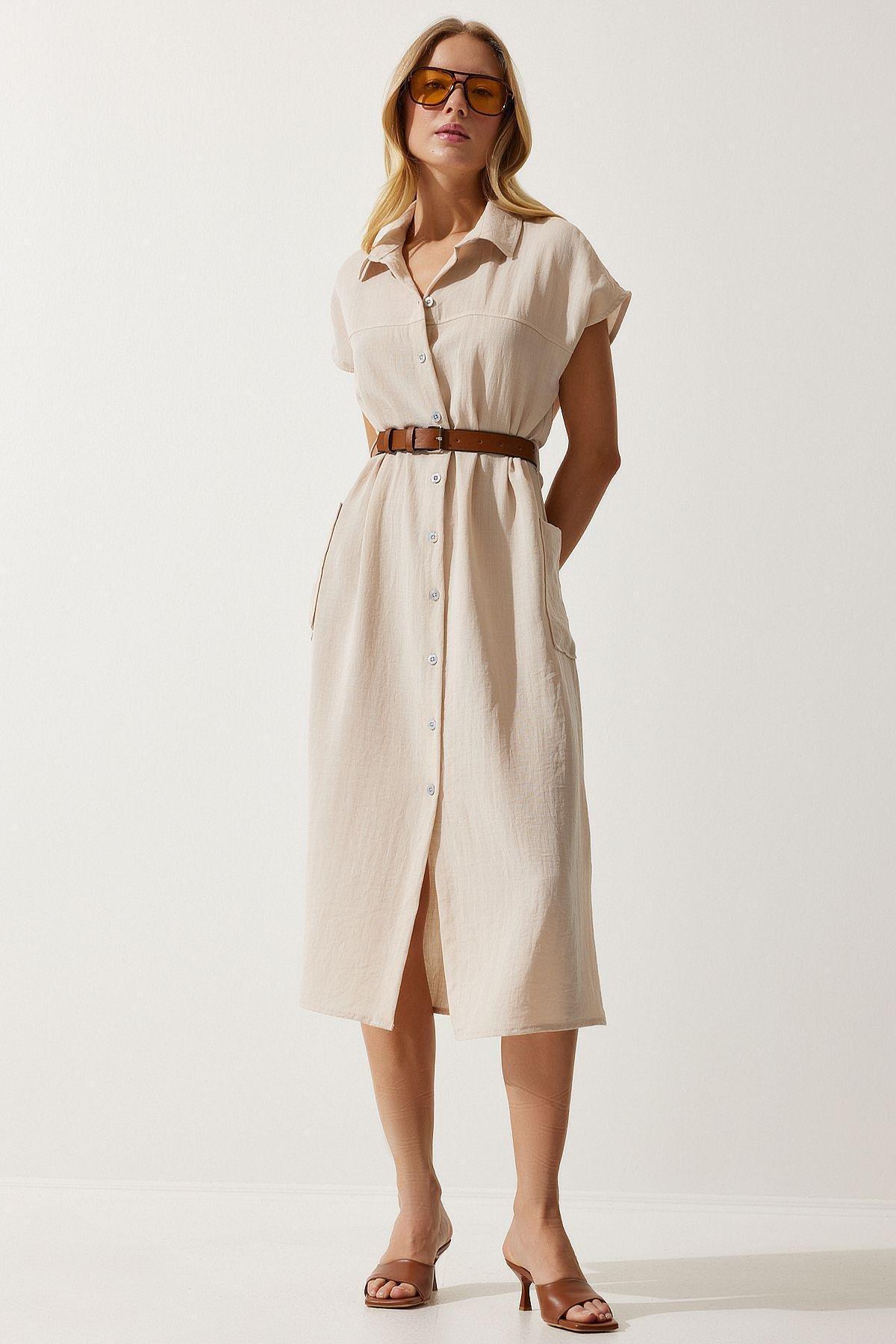 Cream Belted Woven Dress, , large image number 1