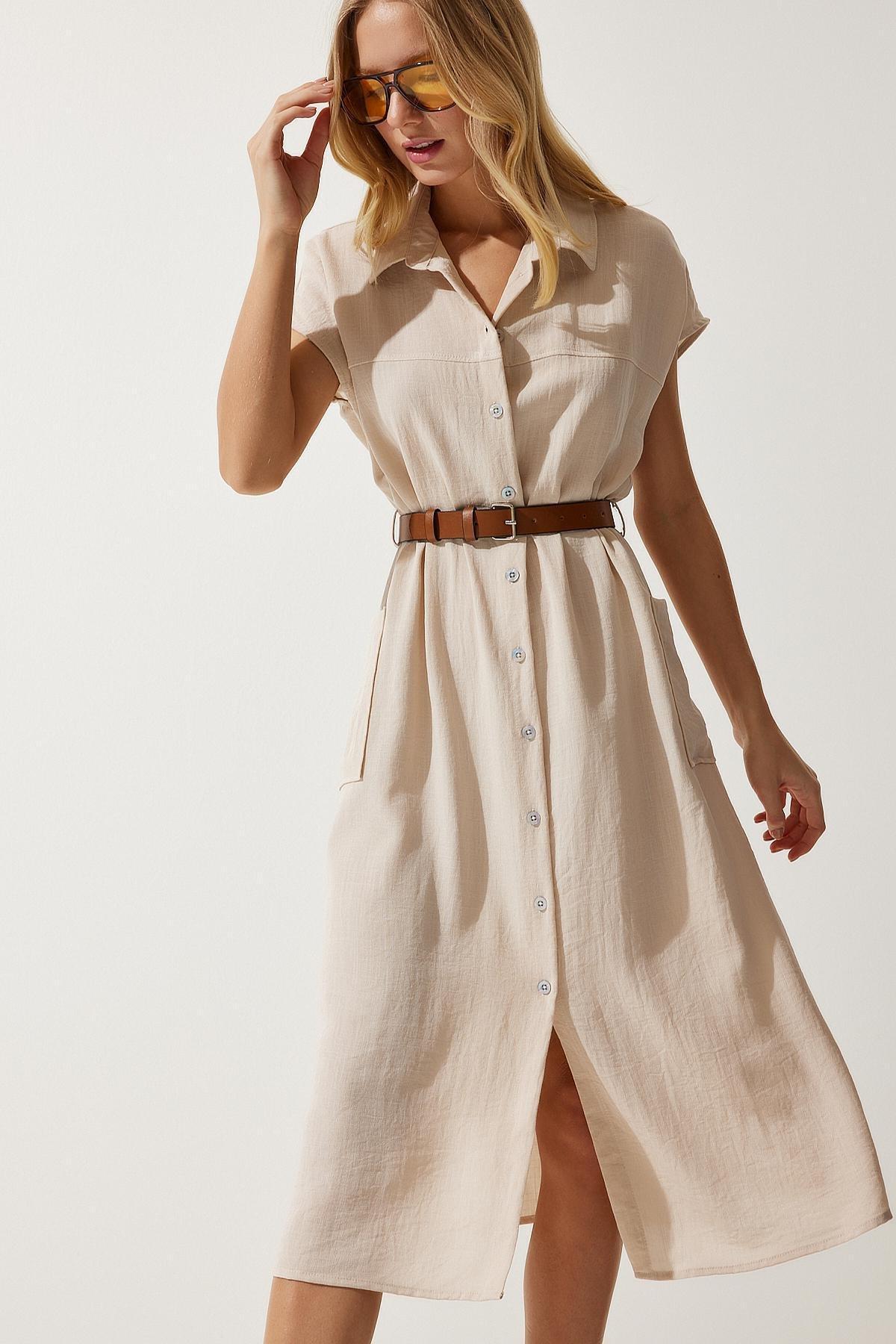 Cream Belted Woven Dress, , large image number 2