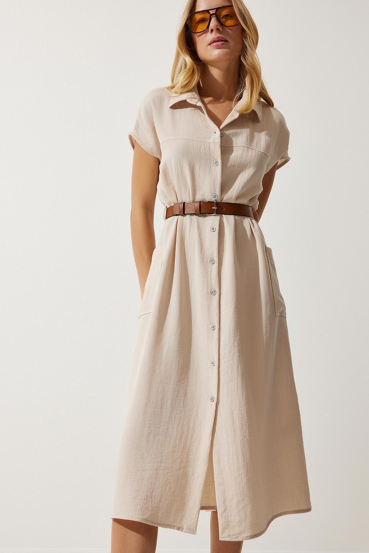 Cream Belted Woven Dress, , large image number 3