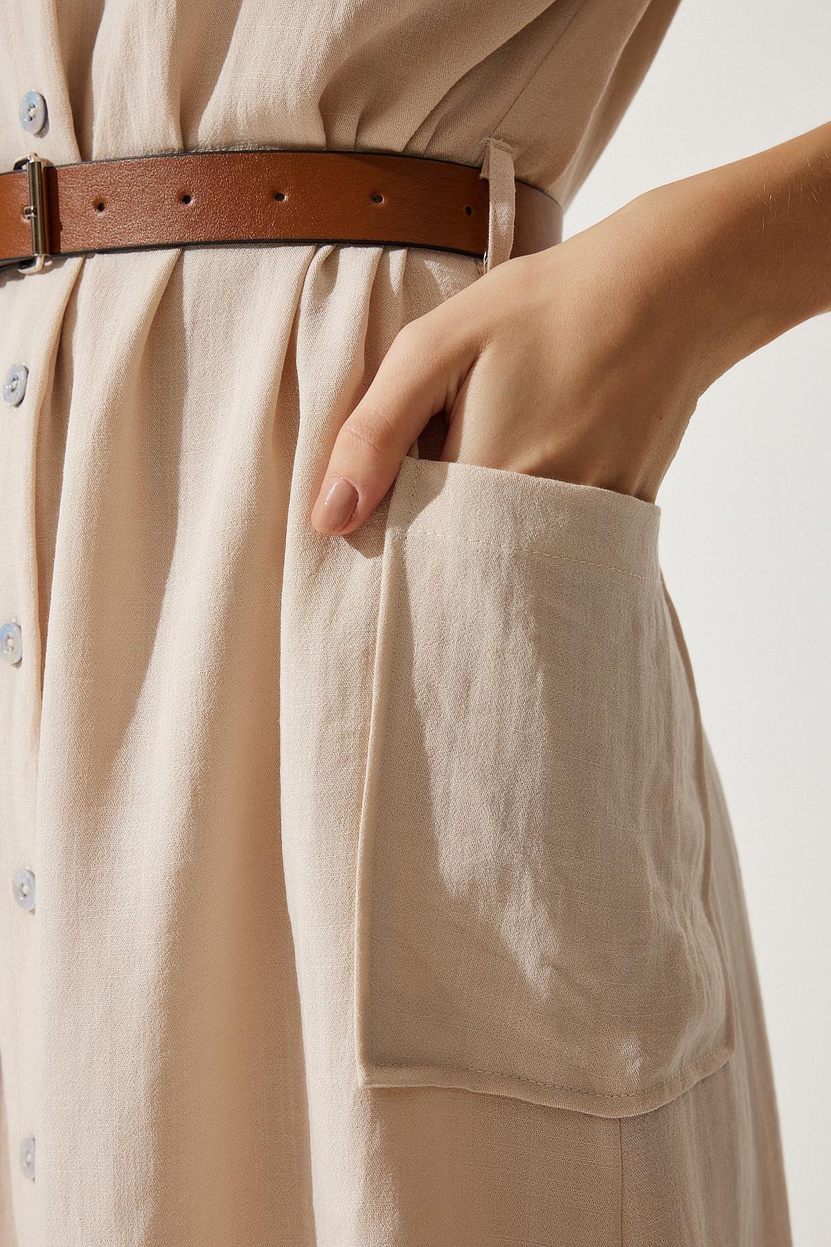 Cream Belted Woven Dress, , large image number 4