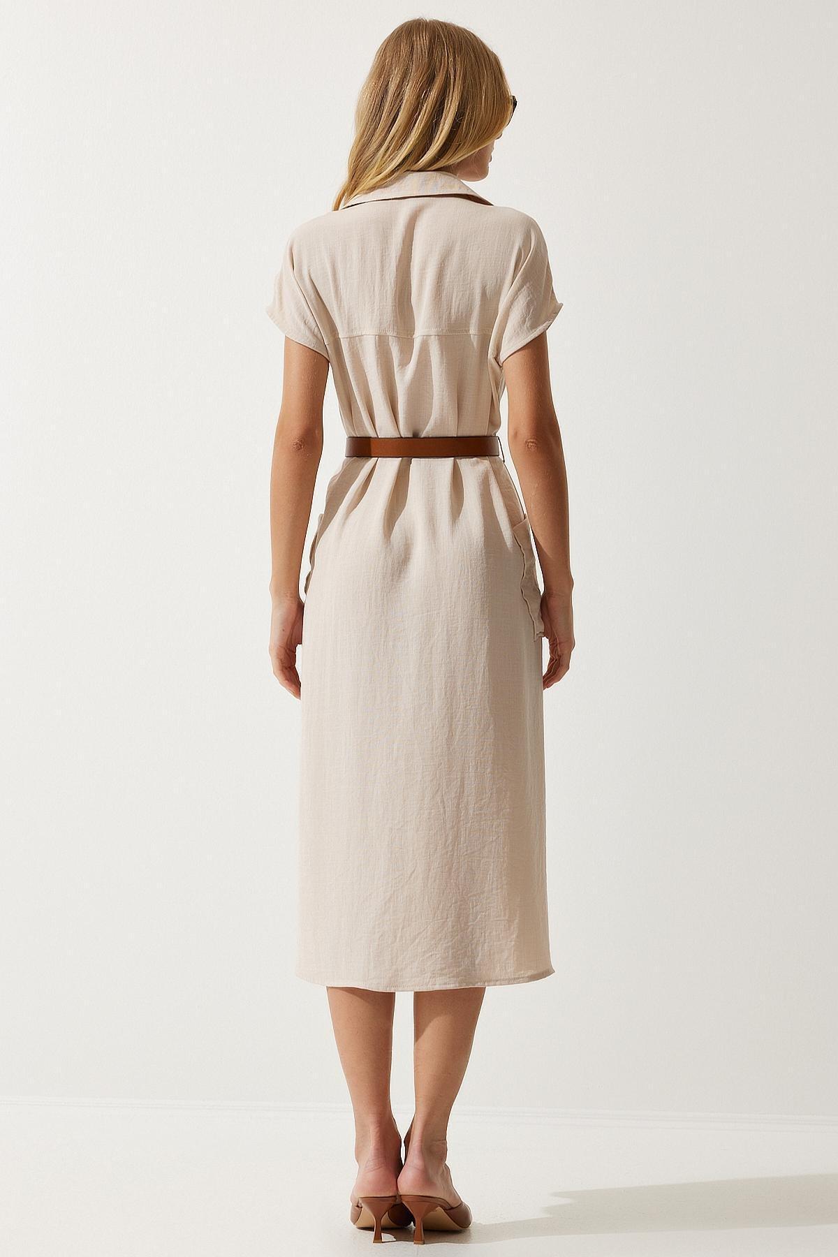 Cream Belted Woven Dress, , large image number 5