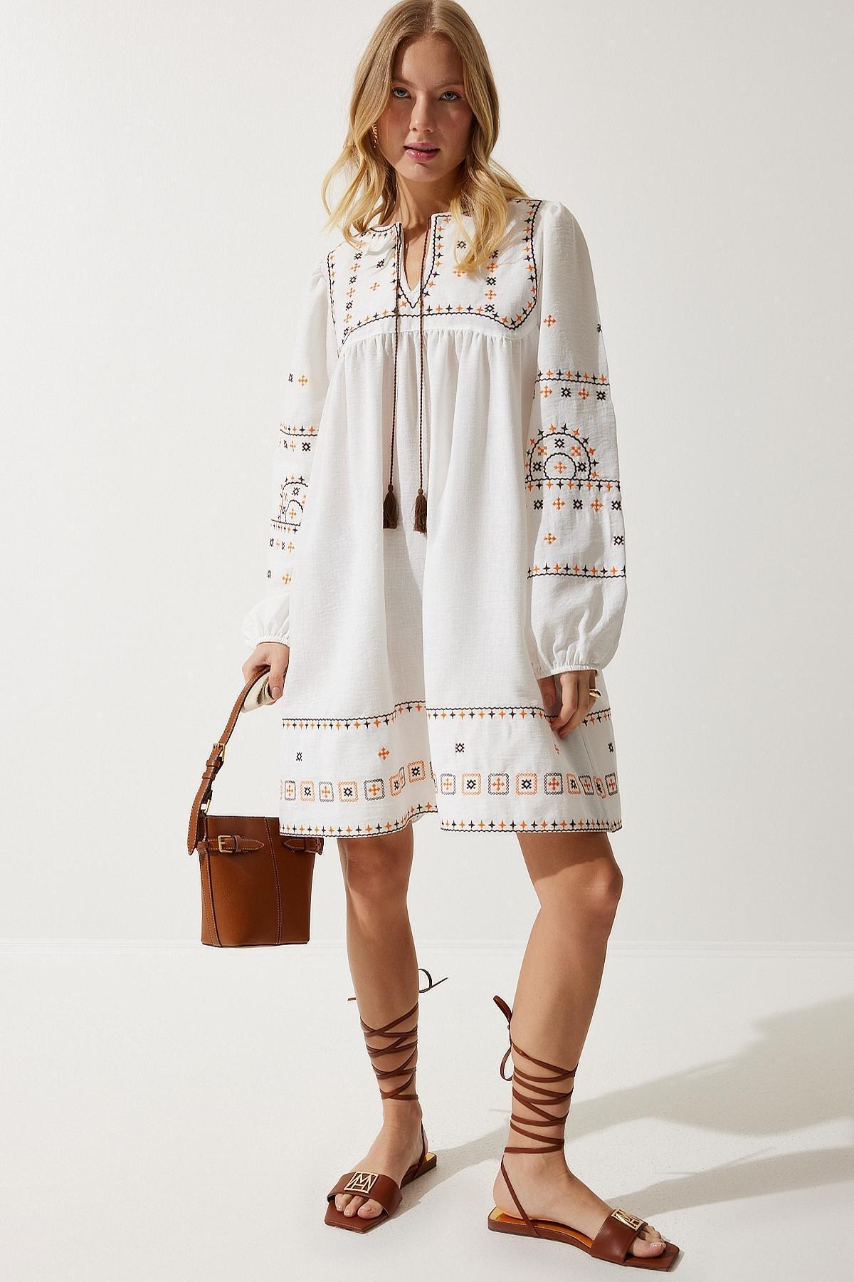 Ecru Embroidered Linen Dress, Ecru, large image number 0