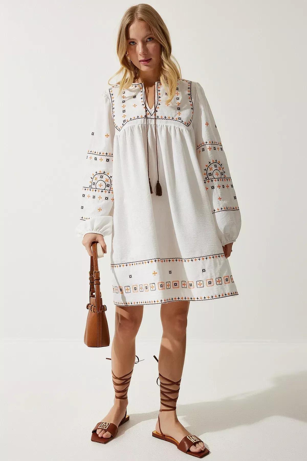 Ecru Embroidered Linen Dress, Ecru, large image number 1