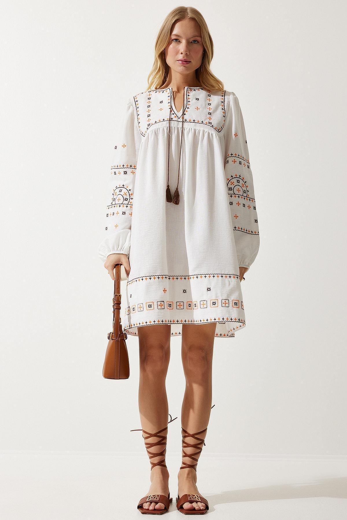 Ecru Embroidered Linen Dress, Ecru, large image number 2