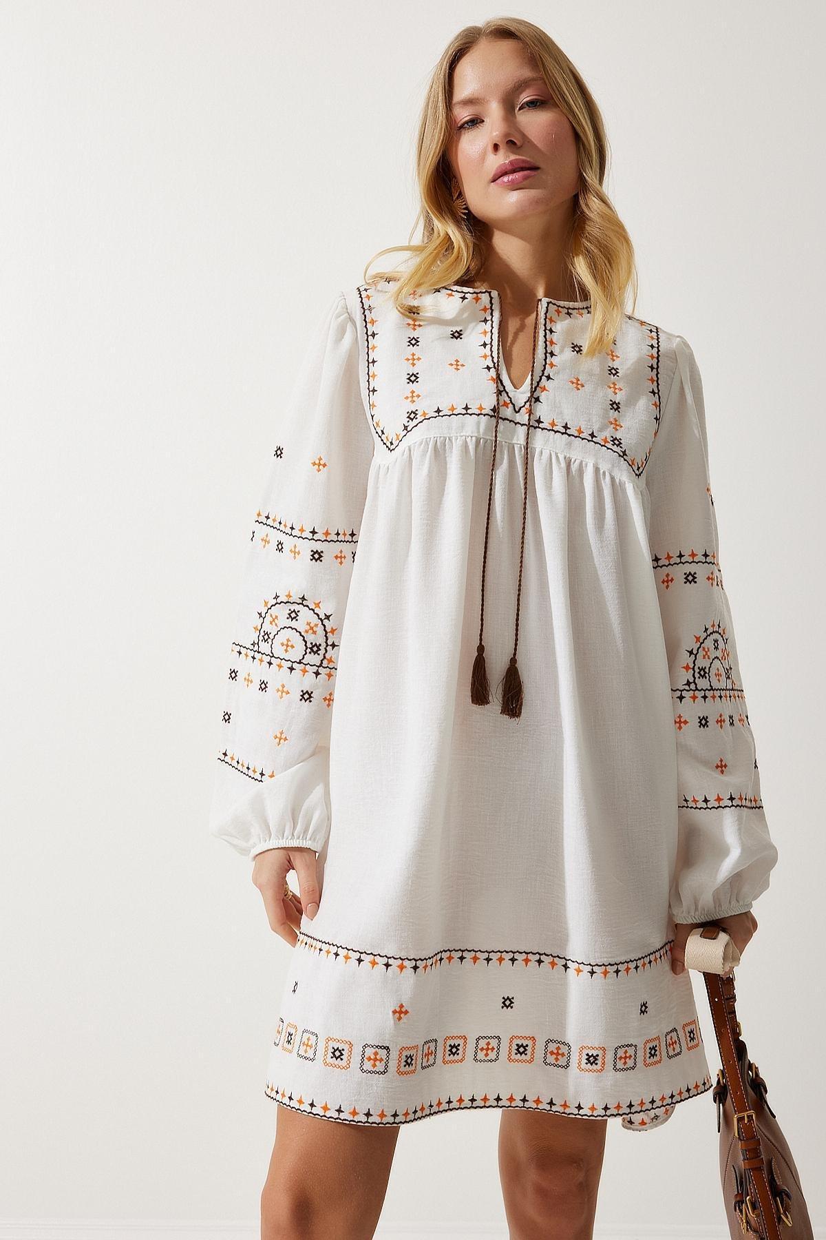 Ecru Embroidered Linen Dress, Ecru, large image number 3