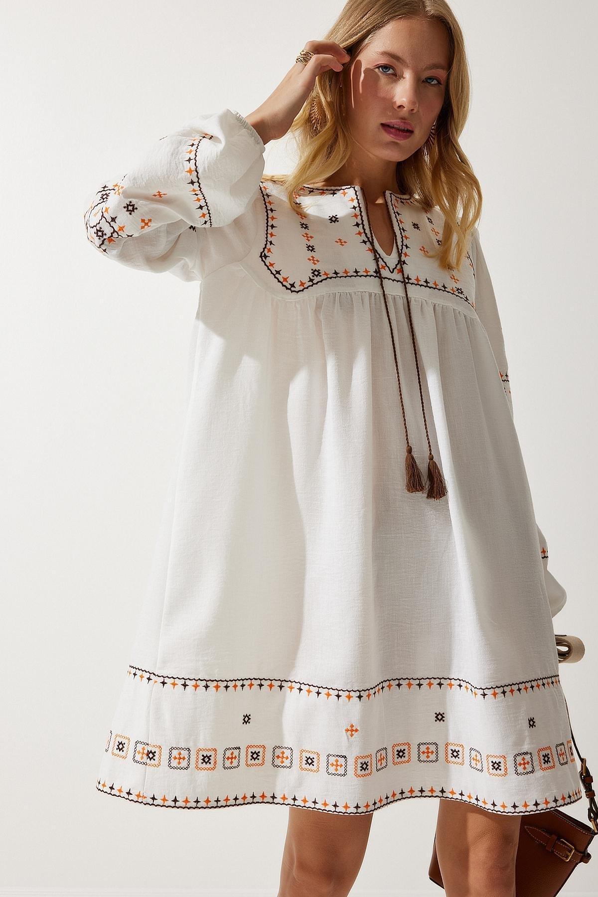 Ecru Embroidered Linen Dress, Ecru, large image number 4