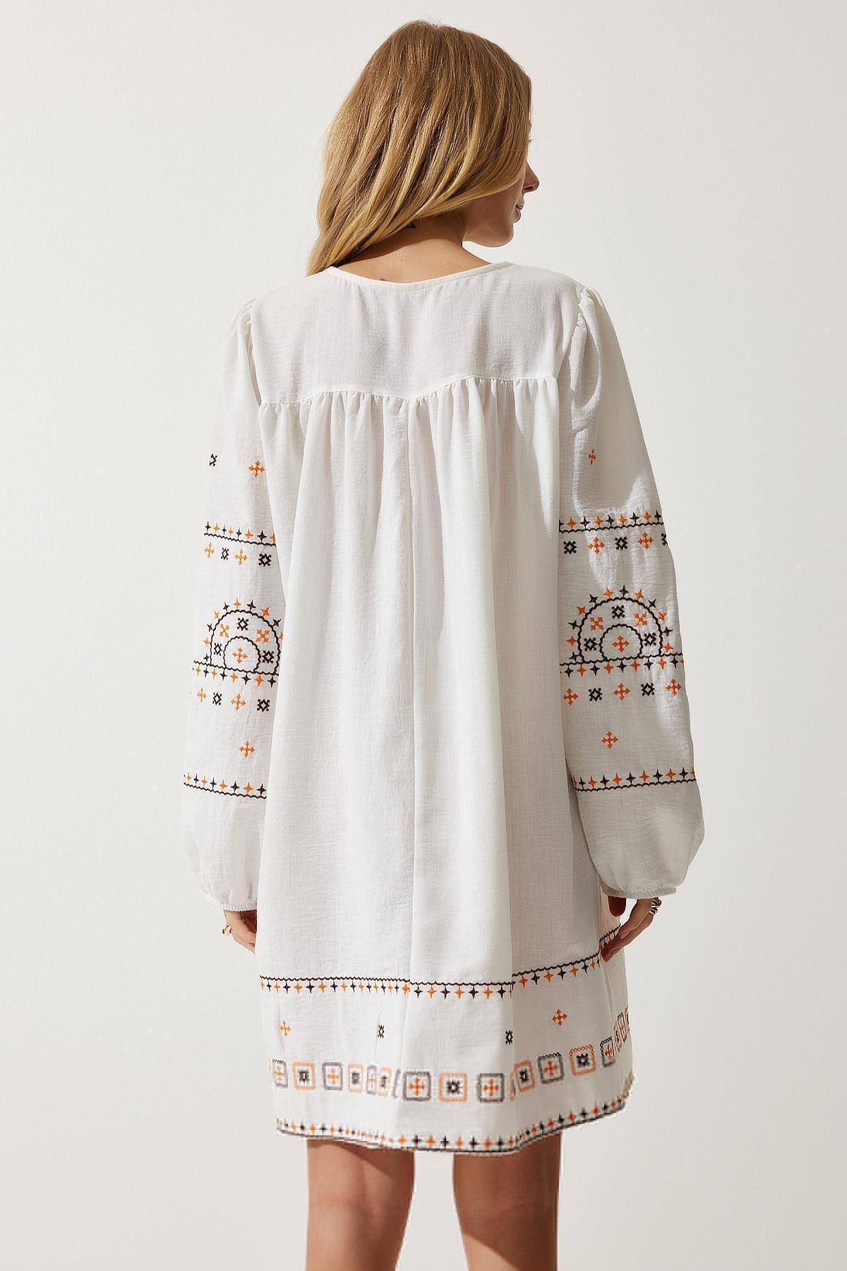 Ecru Embroidered Linen Dress, Ecru, large image number 5