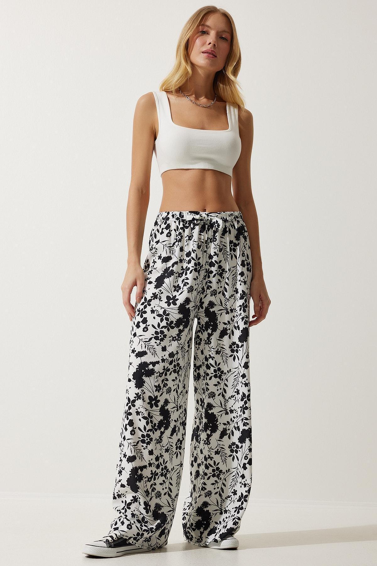 White Patterned Flowy Trousers, , large image number 0