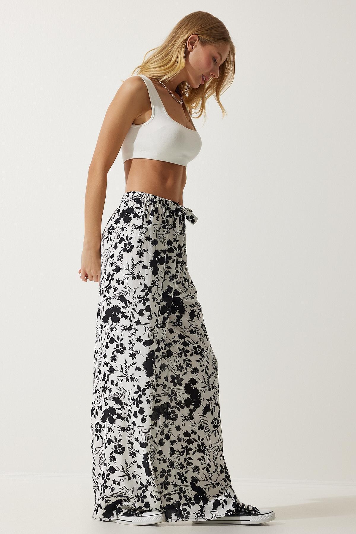 White Patterned Flowy Trousers, , large image number 1
