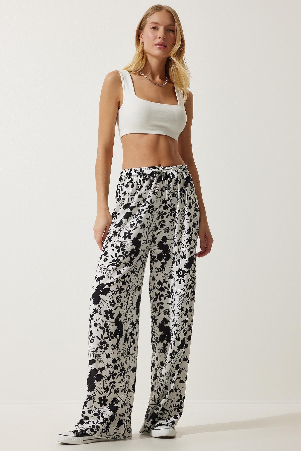 White Patterned Flowy Trousers, , large image number 2