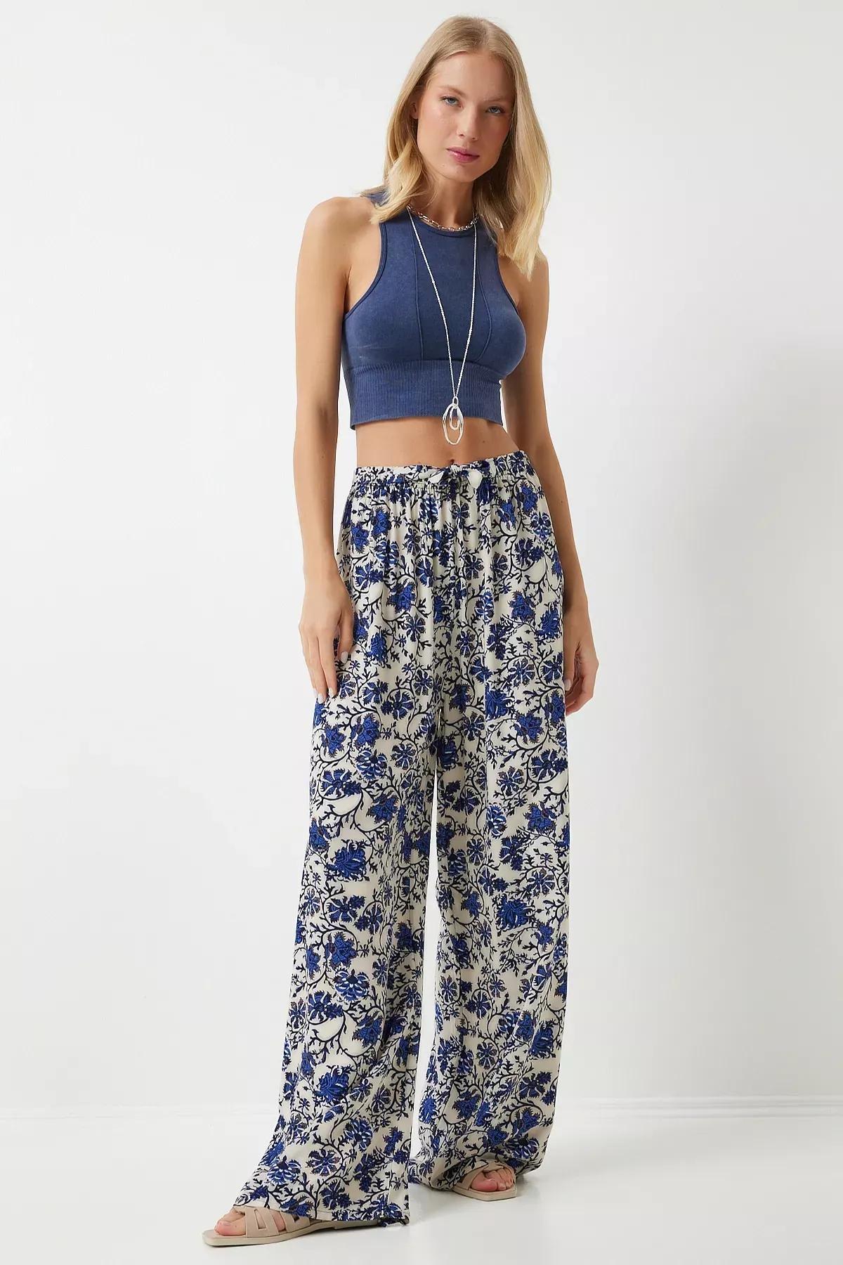 Multicolour Patterned Flowy Palazzo Trousers, , medium